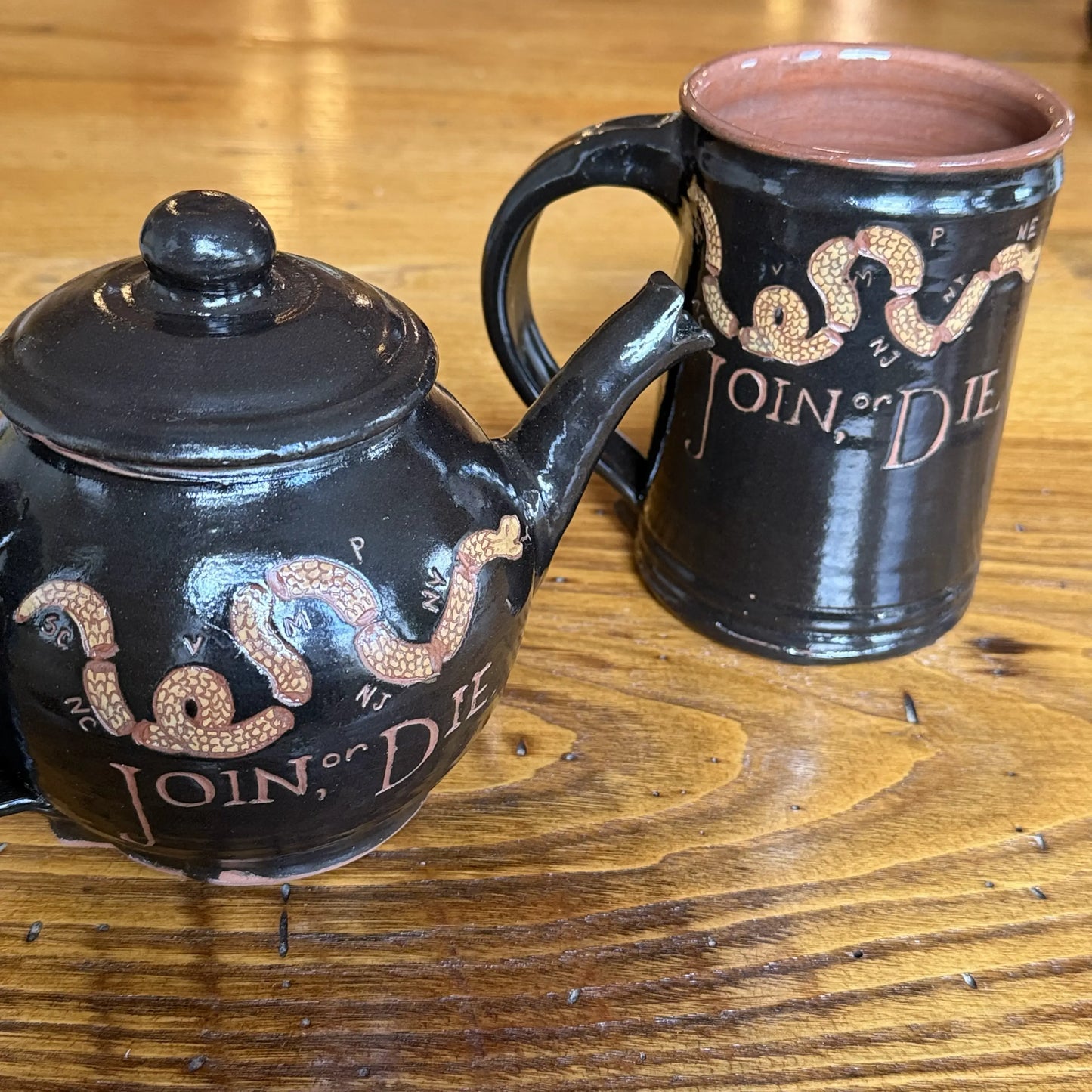 "Join or Die" Tavern Mug and teapot — Traditional redware made by hand in America from The History List store