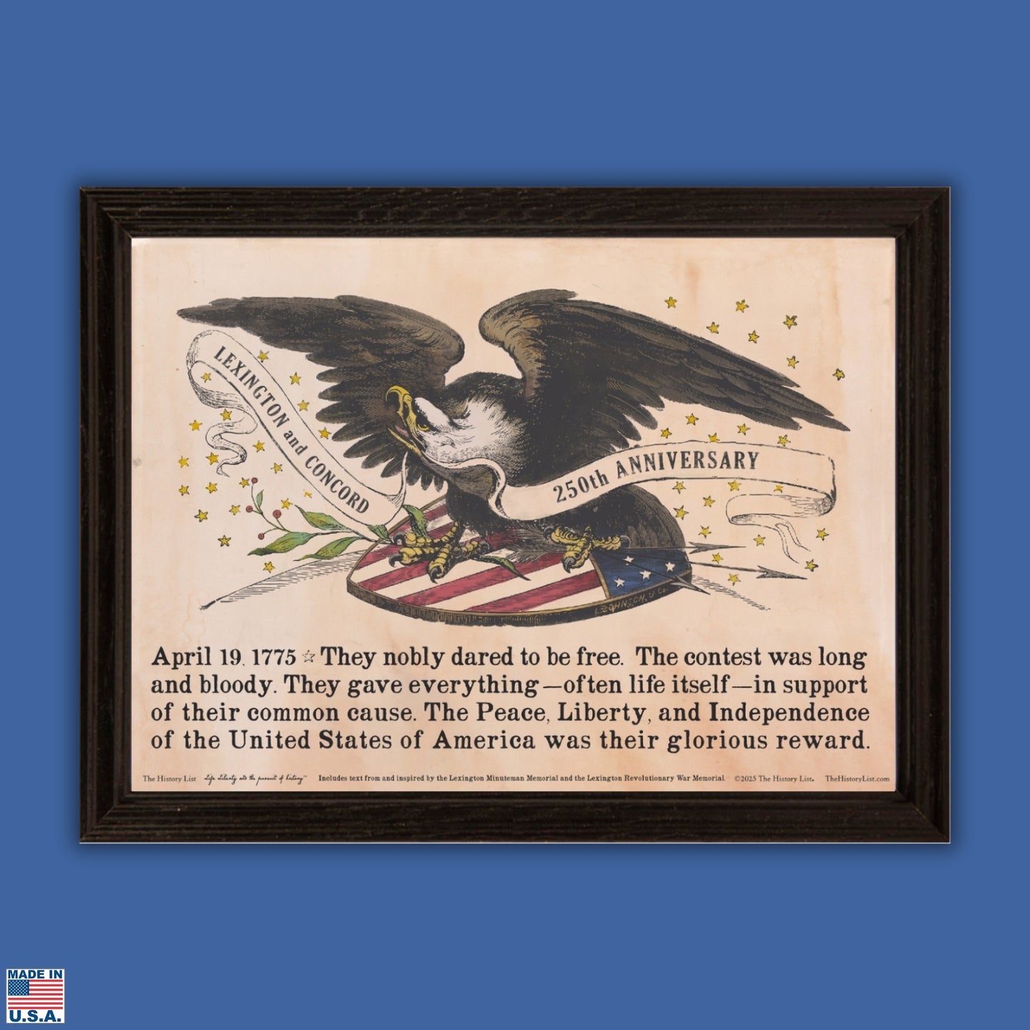 250th Anniversary of Lexington and Concord Archival Print with Historic Eagle and Shield Engraving