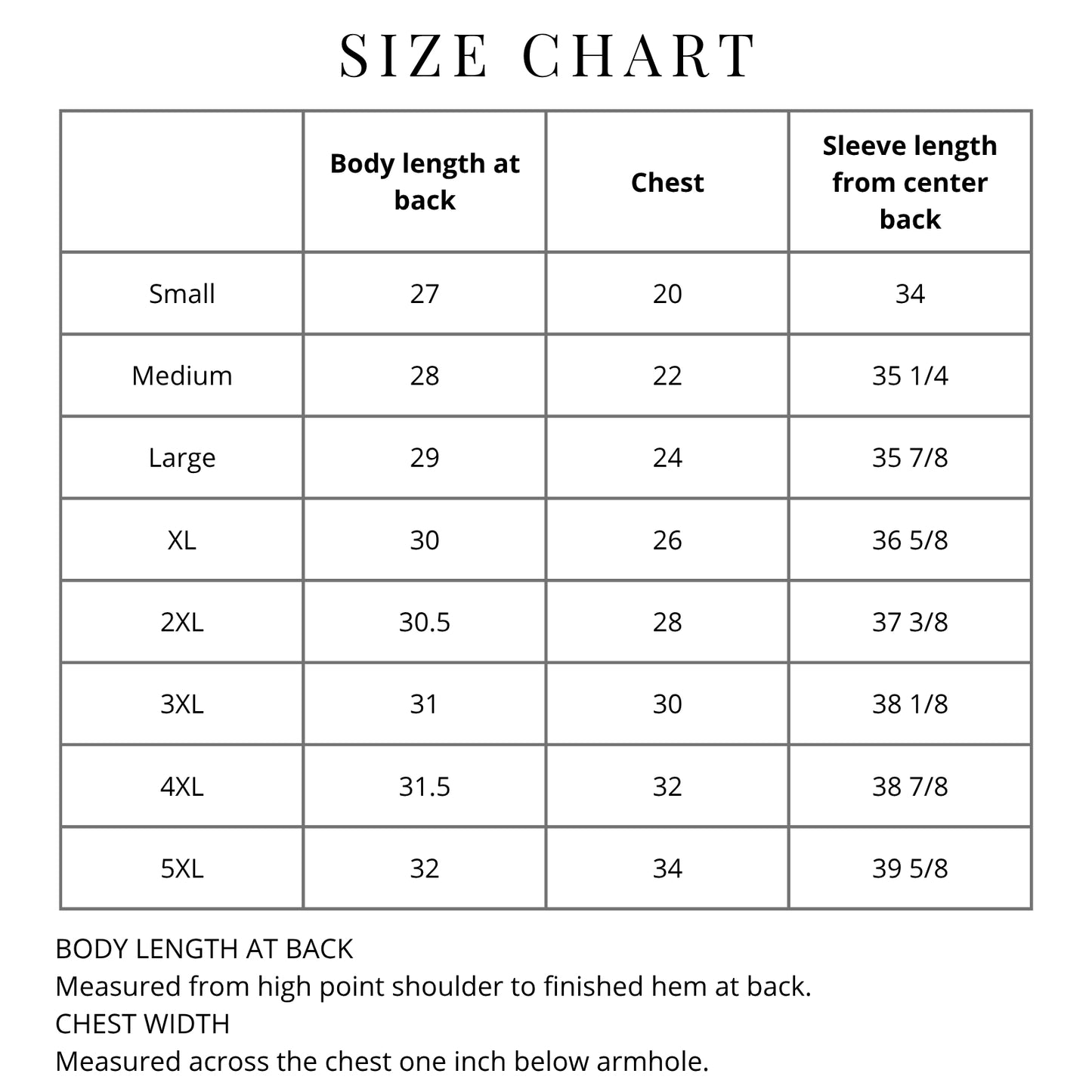 Size chart for Crewneck sweatshirt from The History List store