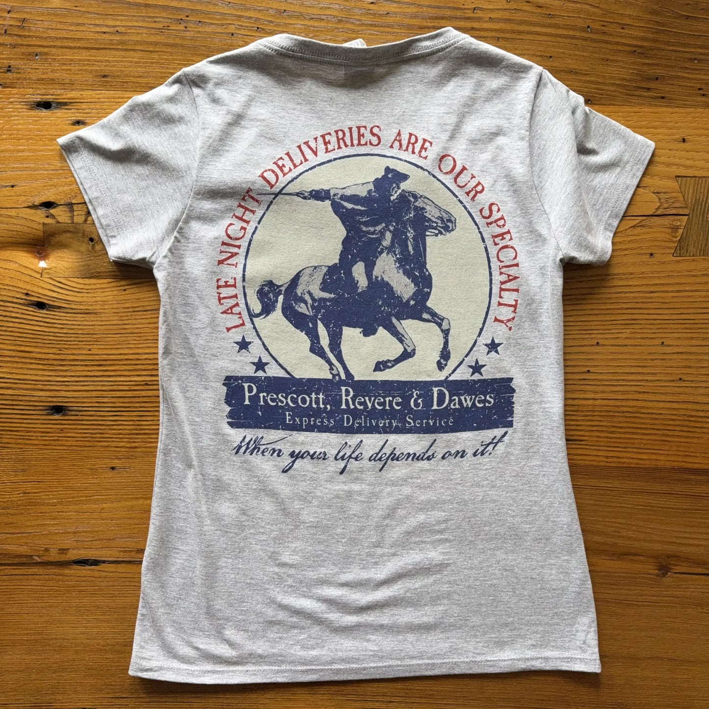 Back view of the "Prescott, Revere, and Dawes Express Delivery Service" Women's fitted v-neck shirt from The History List Store.