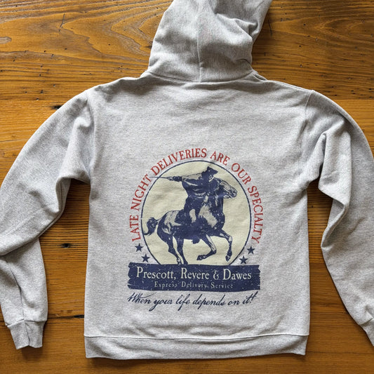 Back view of the "Prescott, Revere & Dawes Express Delivery Service" Hooded sweatshirt from The History List Store.