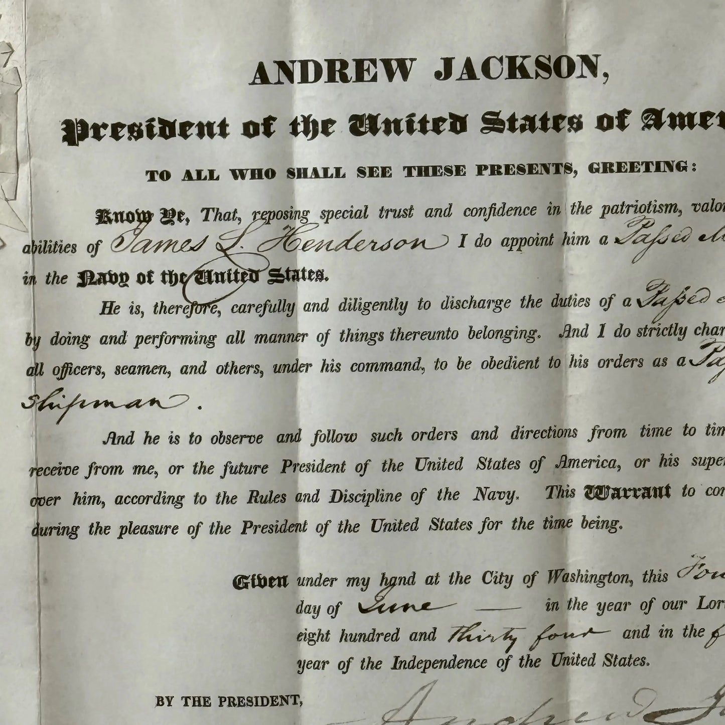 President Andrew Jackson Signed Military Appointment for Midshipman — June 14, 1834 — Framed