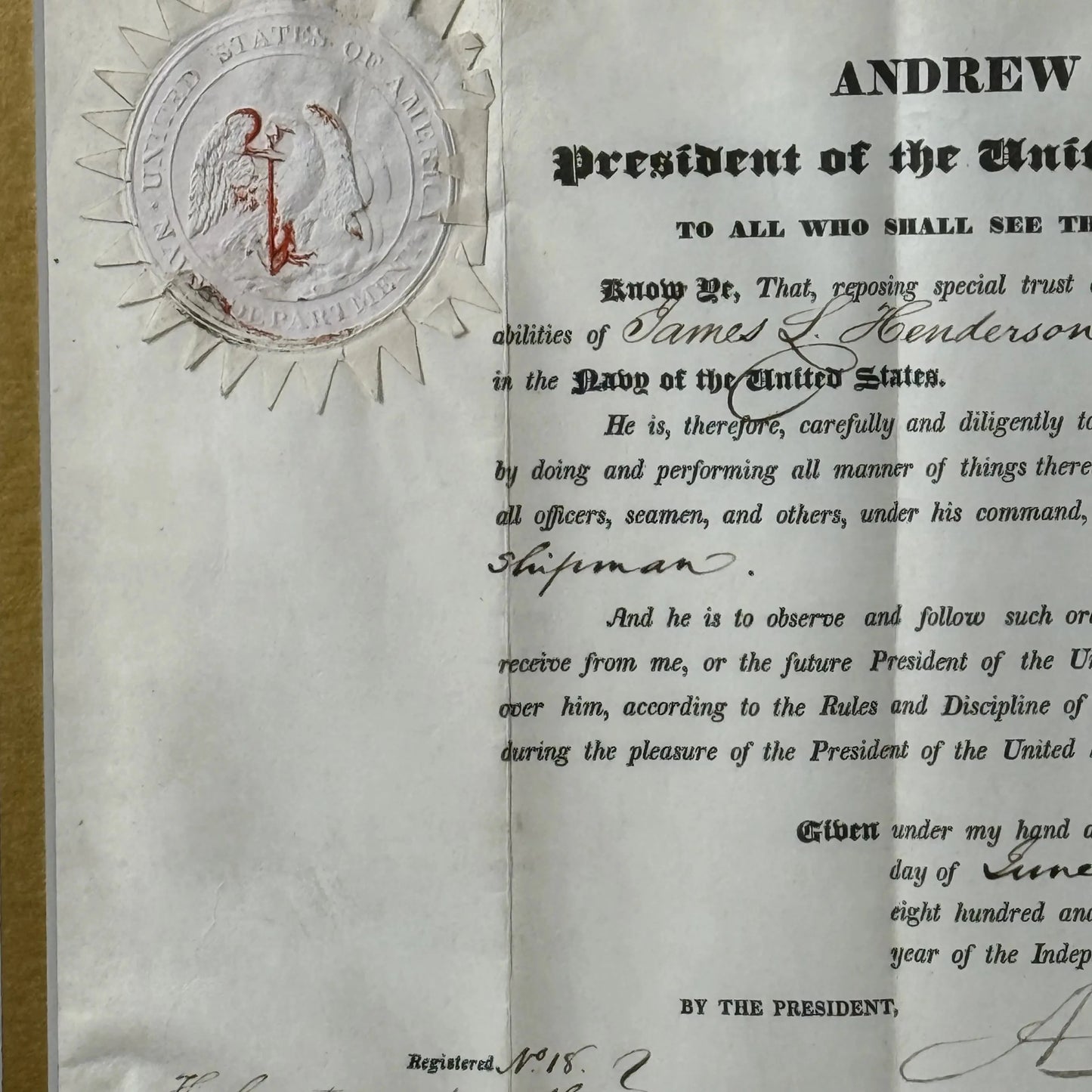 President Andrew Jackson Signed Military Appointment for Midshipman — June 14, 1834 — Framed