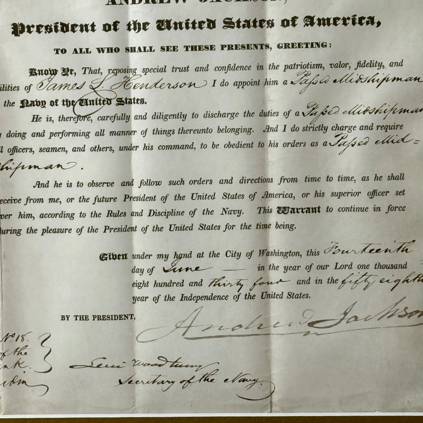 President Andrew Jackson Signed Military Appointment for Midshipman — June 14, 1834 — Framed