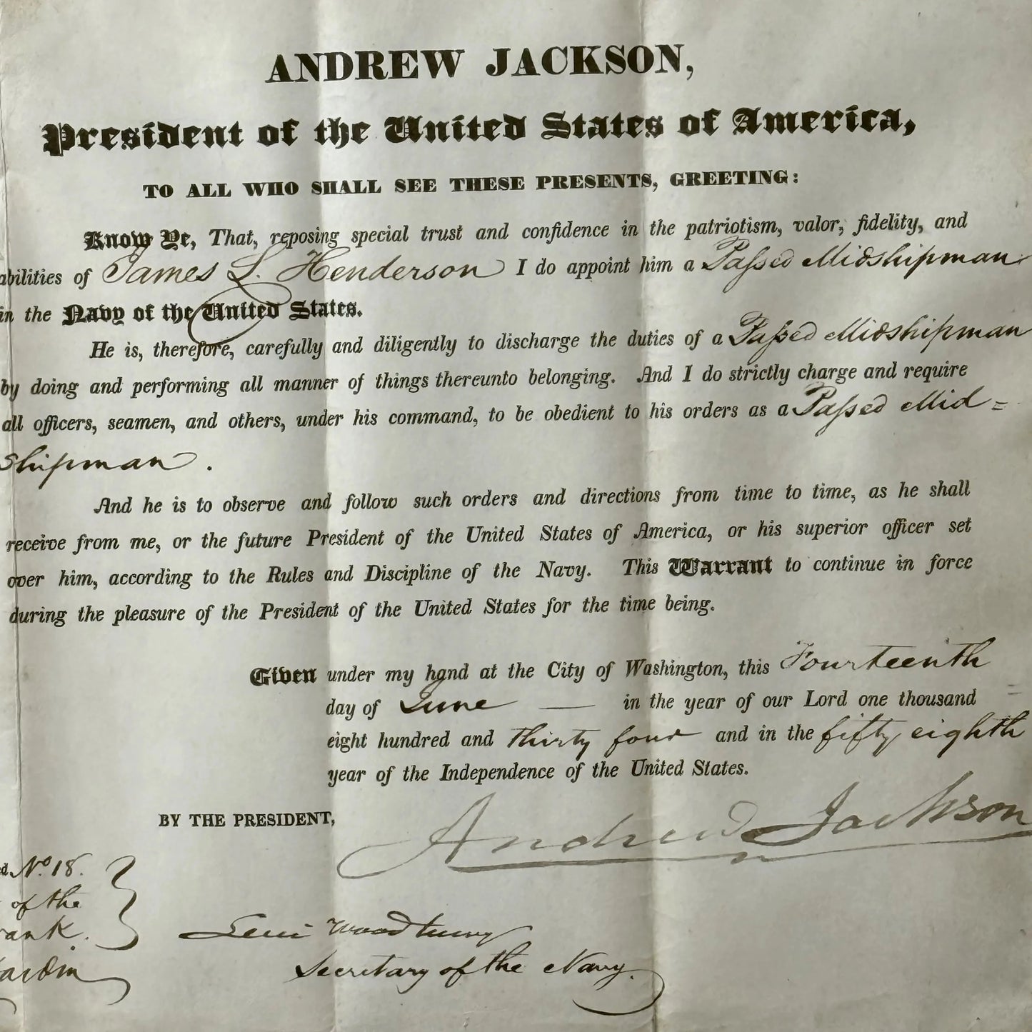 President Andrew Jackson Signed Military Appointment for Midshipman — June 14, 1834 — Framed