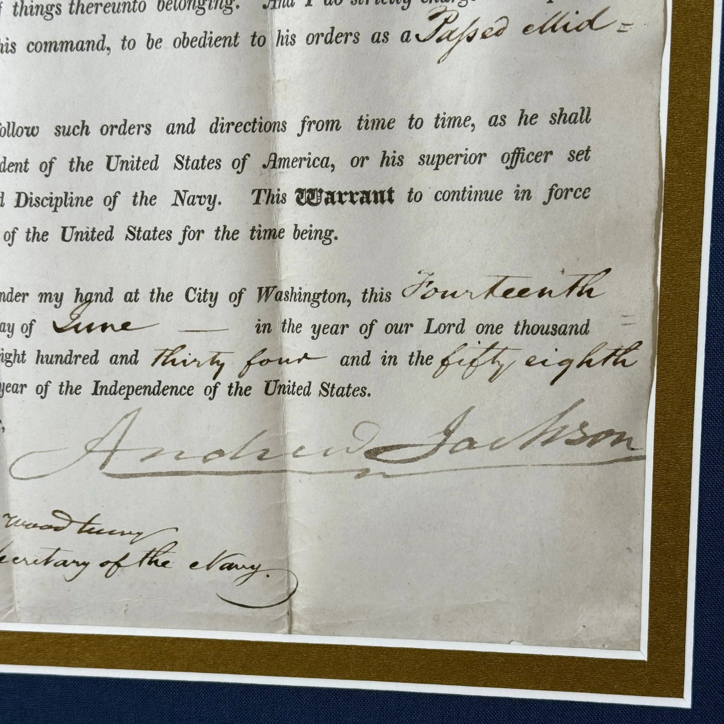 President Andrew Jackson Signed Military Appointment for Midshipman — June 14, 1834 — Framed