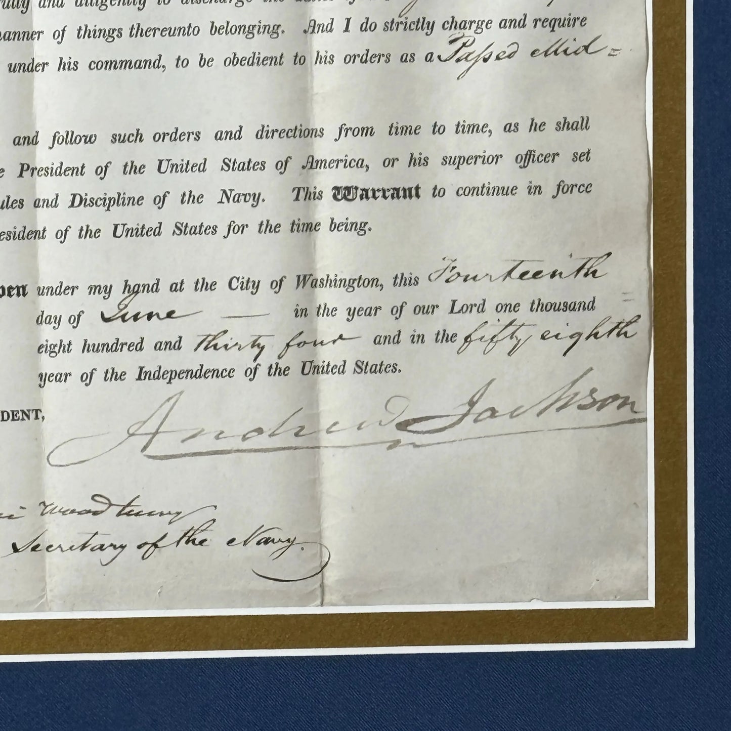 President Andrew Jackson Signed Military Appointment for Midshipman — June 14, 1834 — Framed