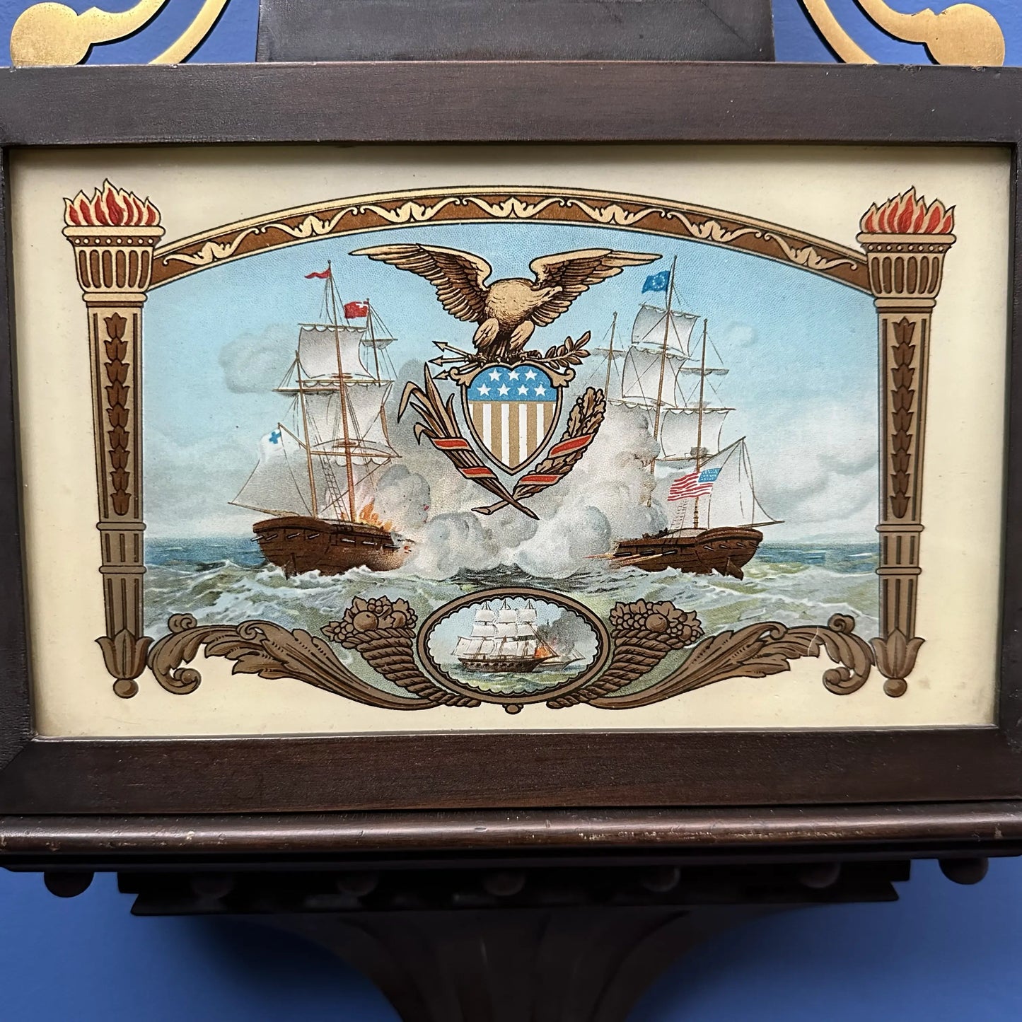 Seth Thomas "Banjo Clock" with a depiction of a naval engagement
