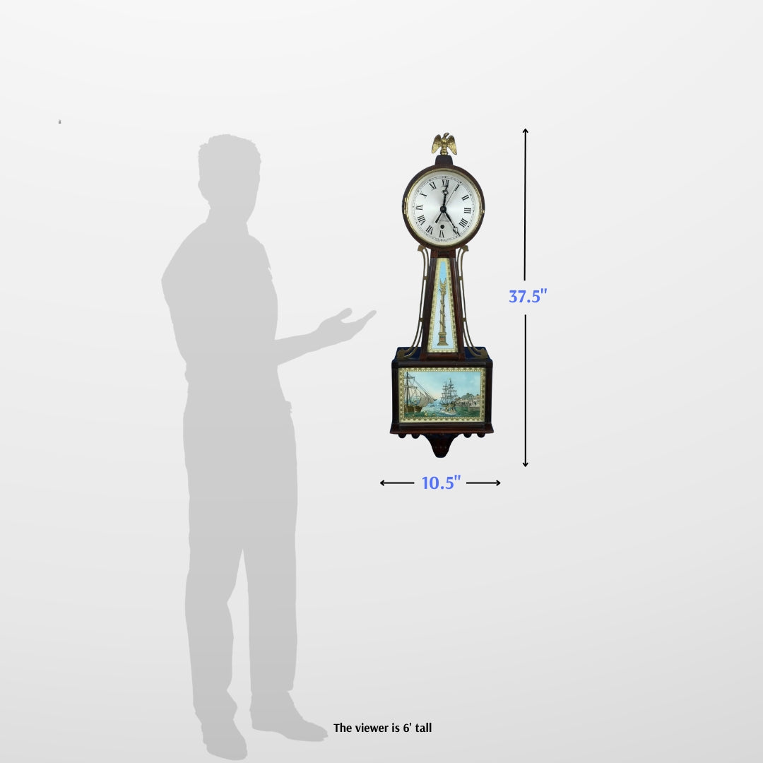 Seth Thomas "Banjo Clock" with a scene of the Boston Tea Party—Battery-powered