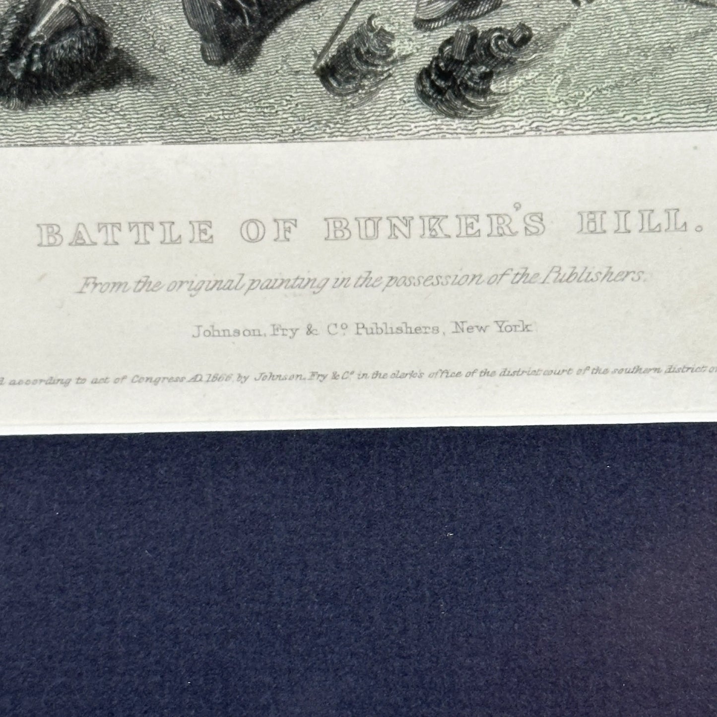 Close-up Captioned View of Ornate Gold-Framed "Battle of Bunker's Hill, from the Original Painting in the Possession of the Publishers" — Small, Highly Detailed Color Print — From The History List Store