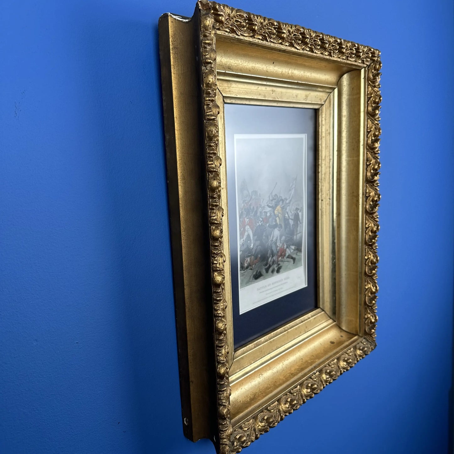 Side View of Thick Ornate Gold Framed "Battle of Bunker's Hill" — Small, highly detailed print, in color — From The History List Store