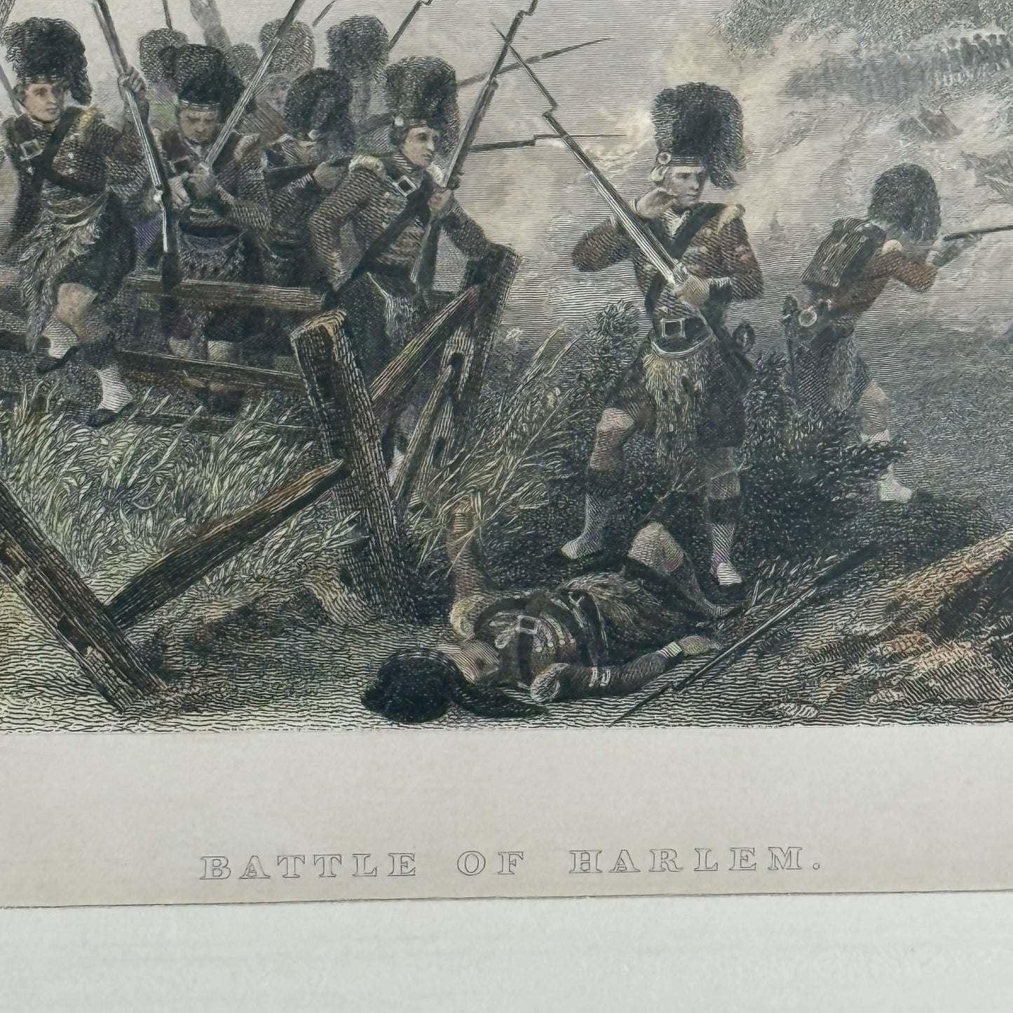 "Battle of Harlem" c. 1860 steel engraving — Hand colored — Framed