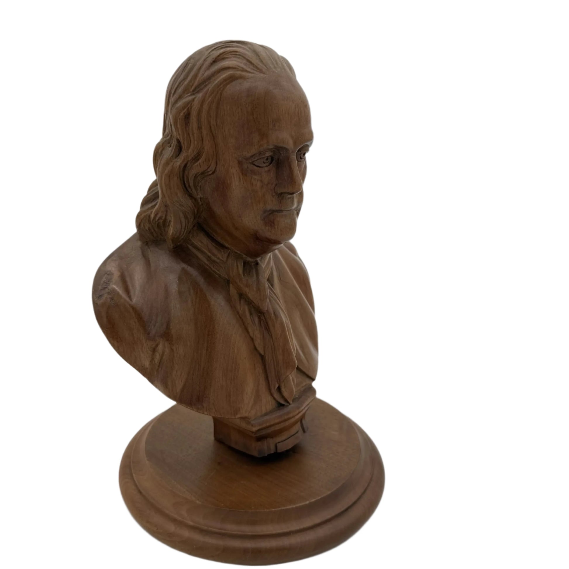 Side angle of  Ben Franklin Hand-carved wood bust from The History List Rare Finds