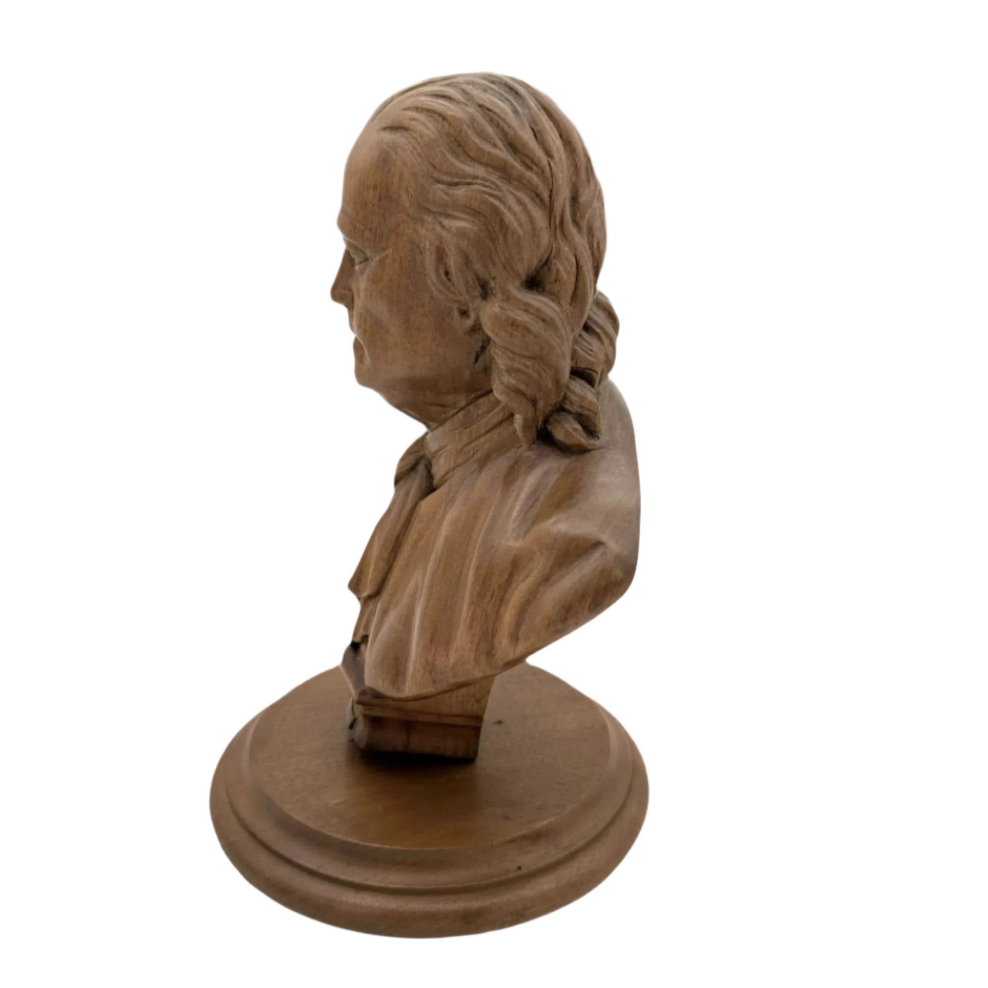 Left side of Ben Franklin Hand-carved wood bust from The History List Rare Finds