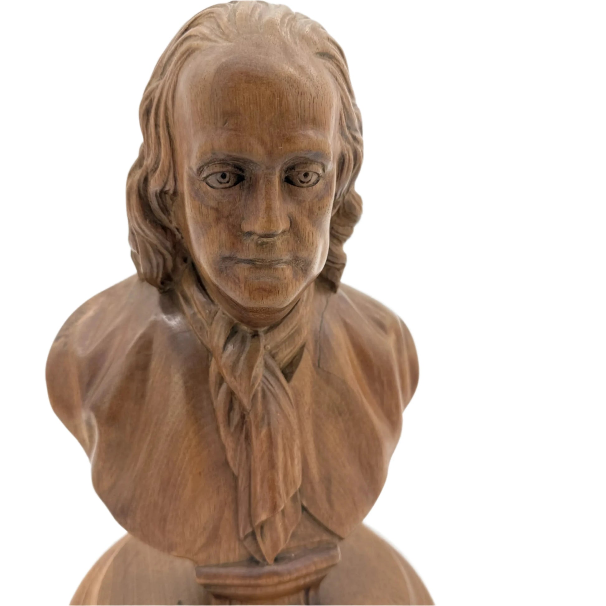 Front view of Ben Franklin Hand-carved wood bust from The History List Rare Finds