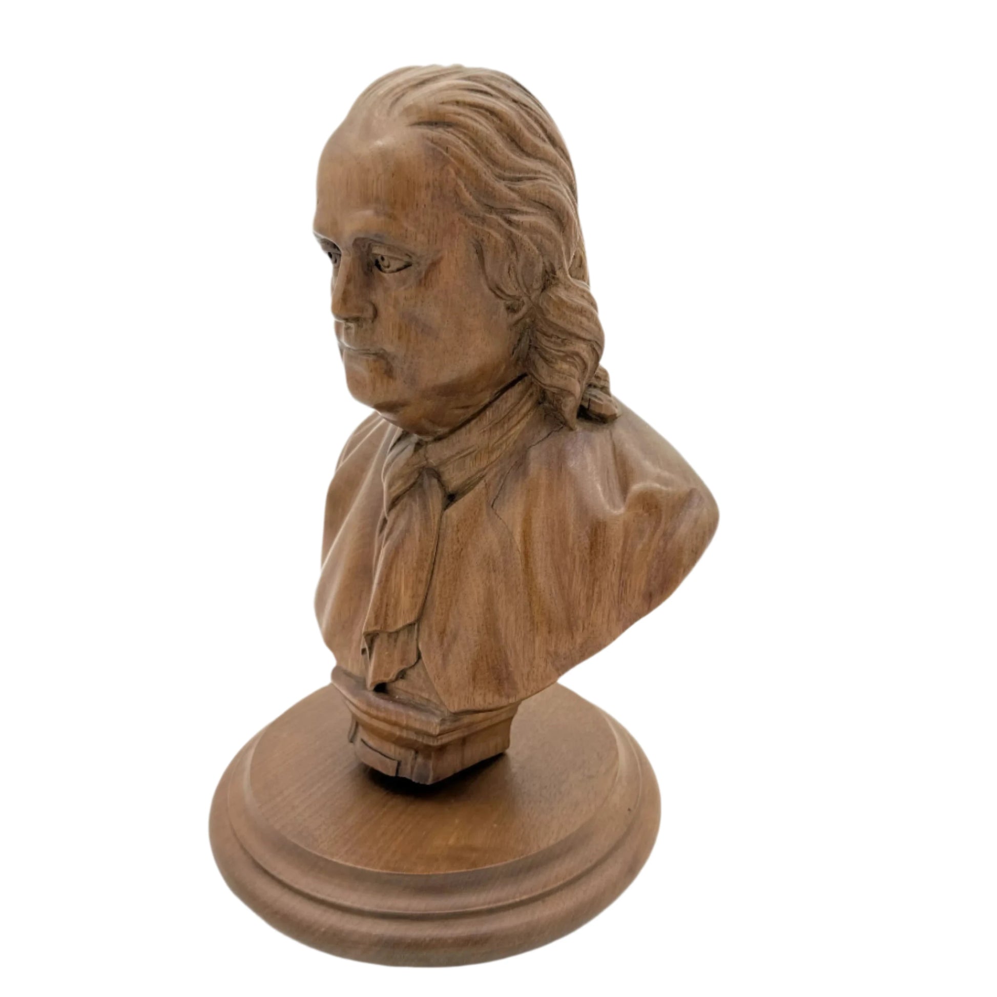 Side view of Ben Franklin Hand-carved wood bust from The History List Rare Finds