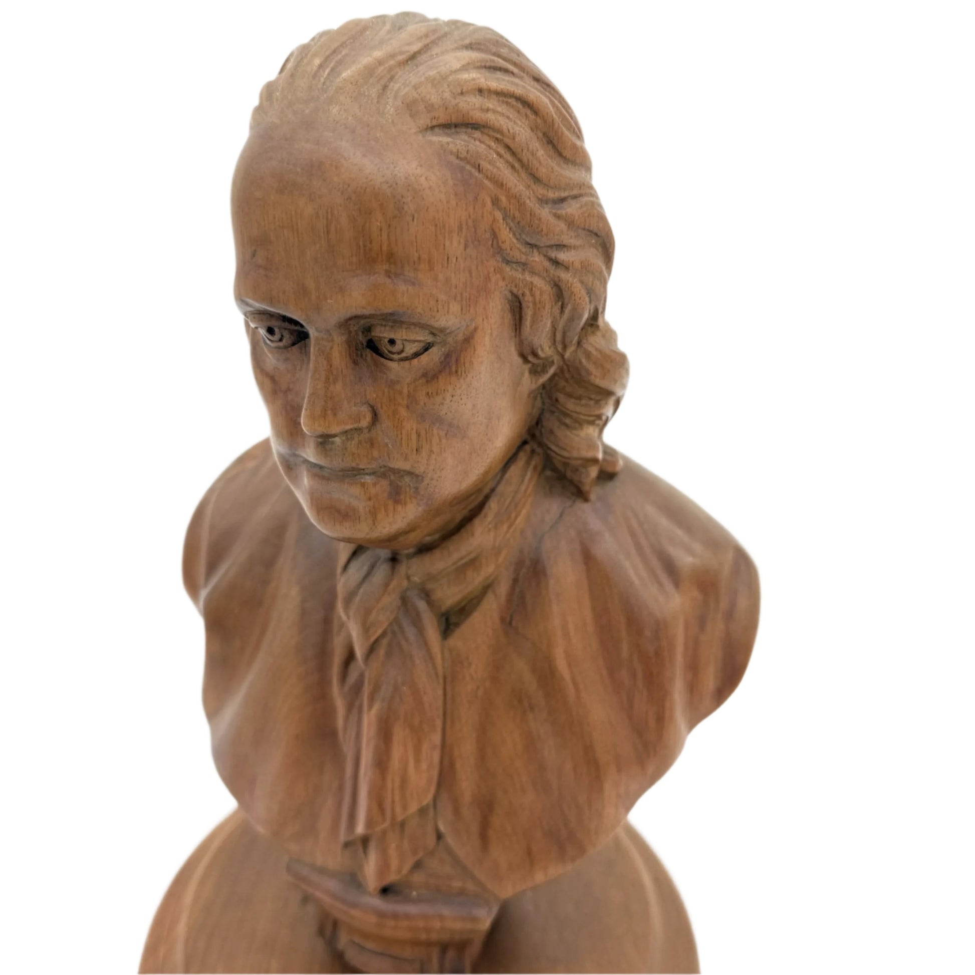 Top angle of  Ben Franklin Hand-carved wood bust from The History List Rare Finds
