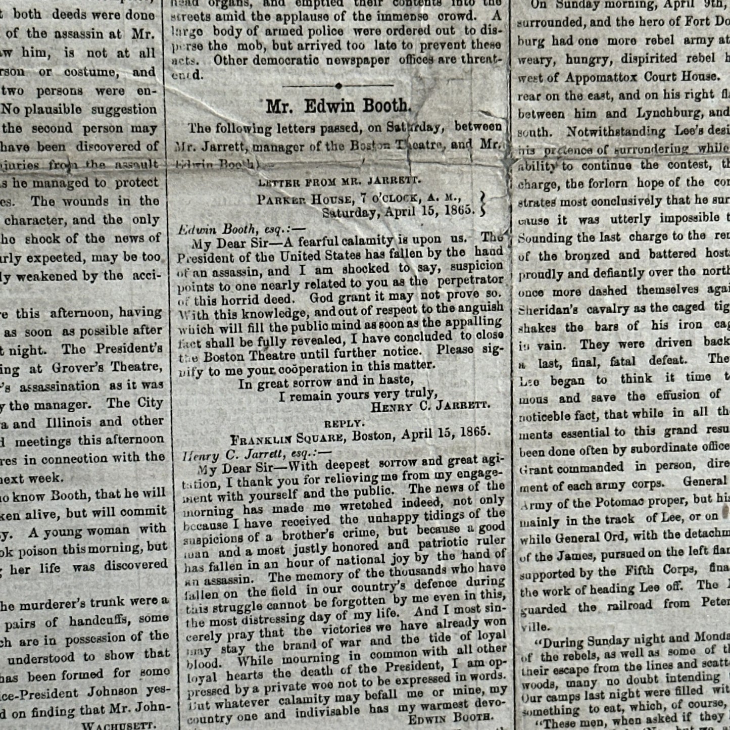 Framed April 17, 1865 newspaper reporting Lincoln's Assassination and Death