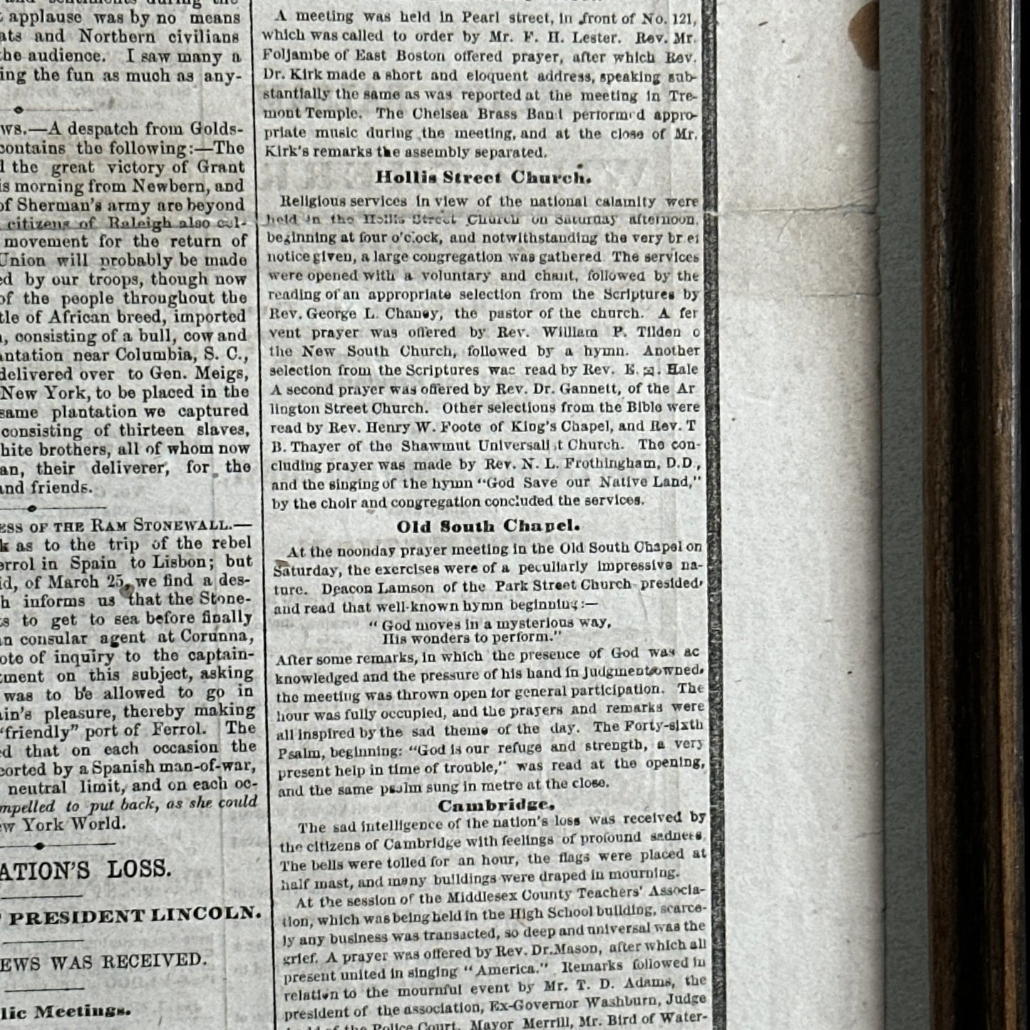 Framed April 17, 1865 newspaper reporting Lincoln's Assassination and Death