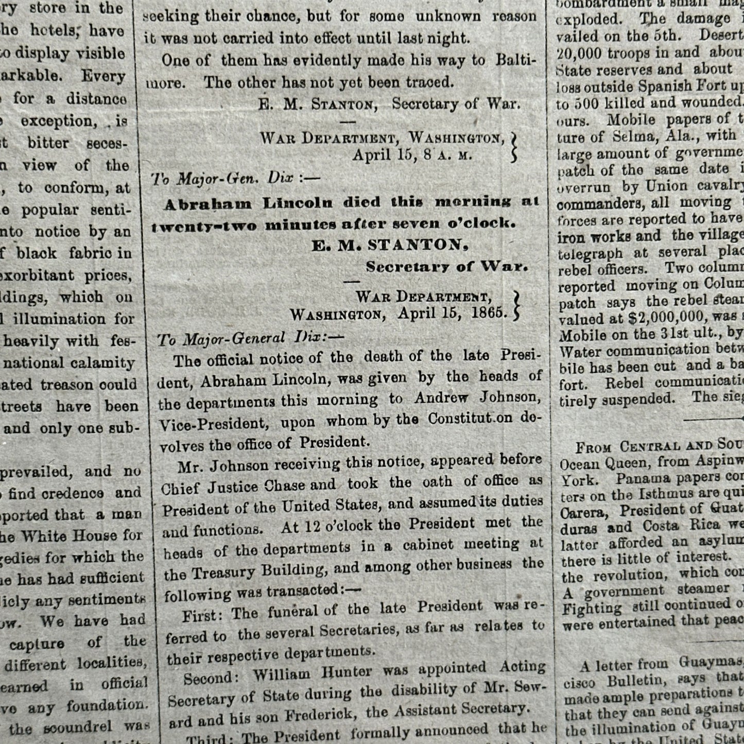 Framed April 17, 1865 newspaper reporting Lincoln's Assassination and Death