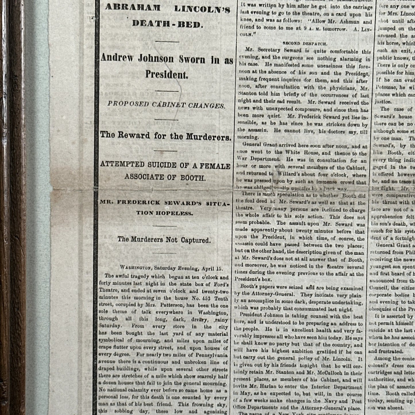 Framed April 17, 1865 newspaper reporting Lincoln's Assassination and Death