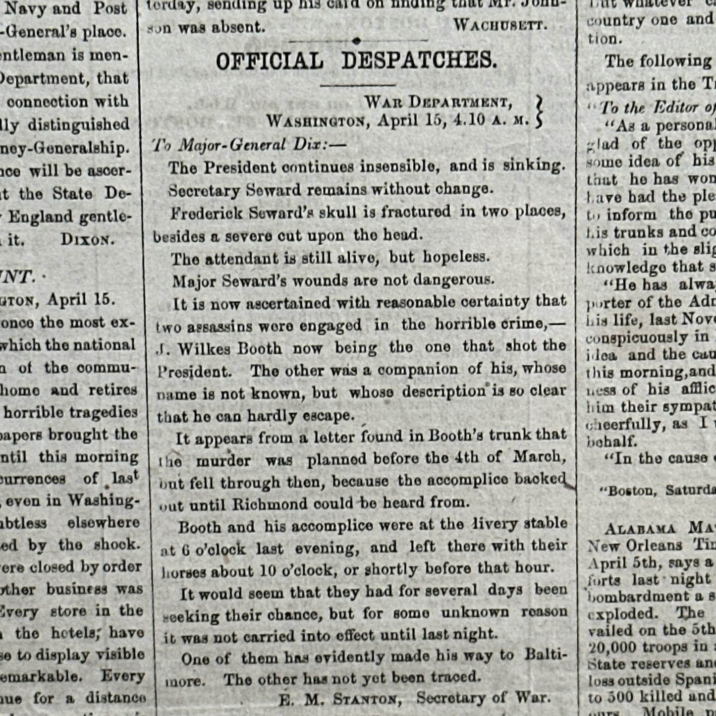 Framed April 17, 1865 newspaper reporting Lincoln's Assassination and Death