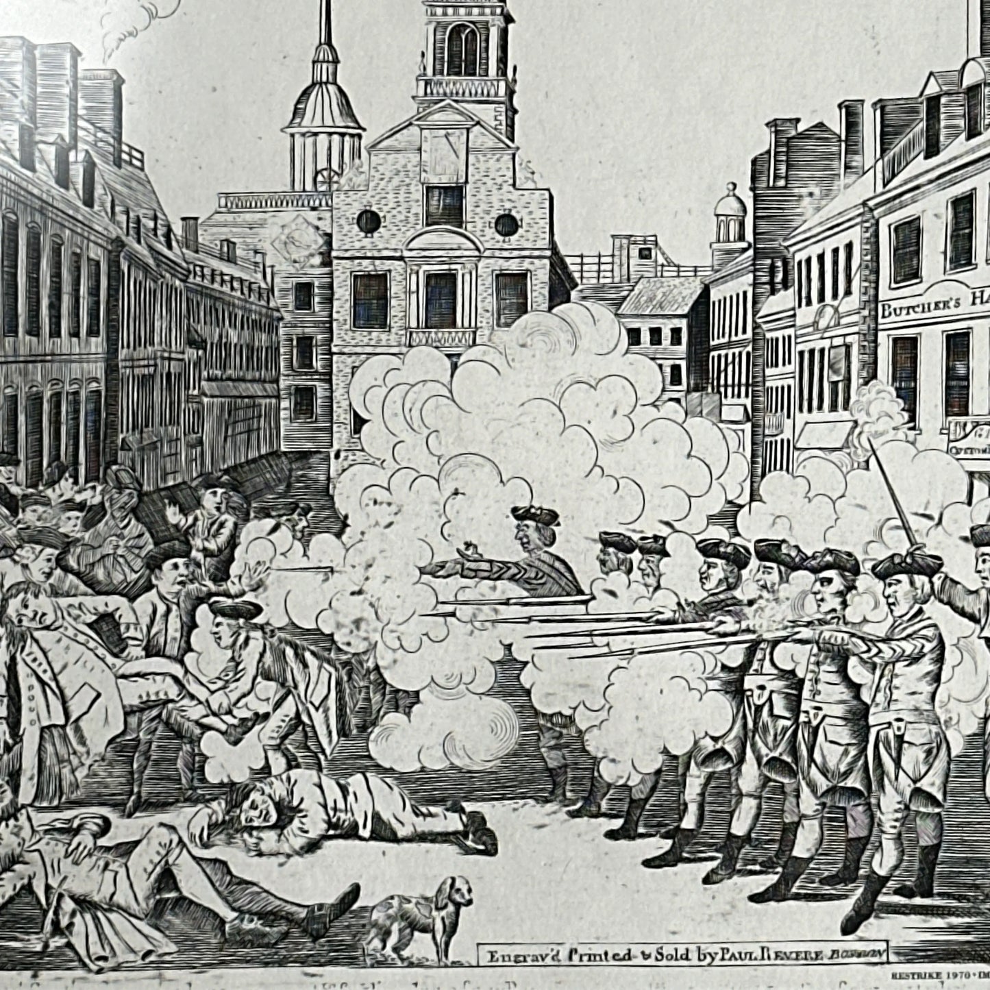 Revere’s Boston Massacre illustration struck from his original plate and hand colored