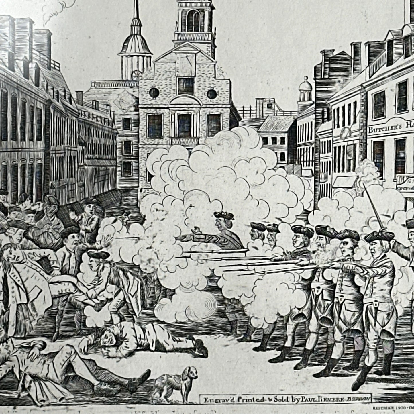 Boston Massacre print made from Revere's original plate — Framed
