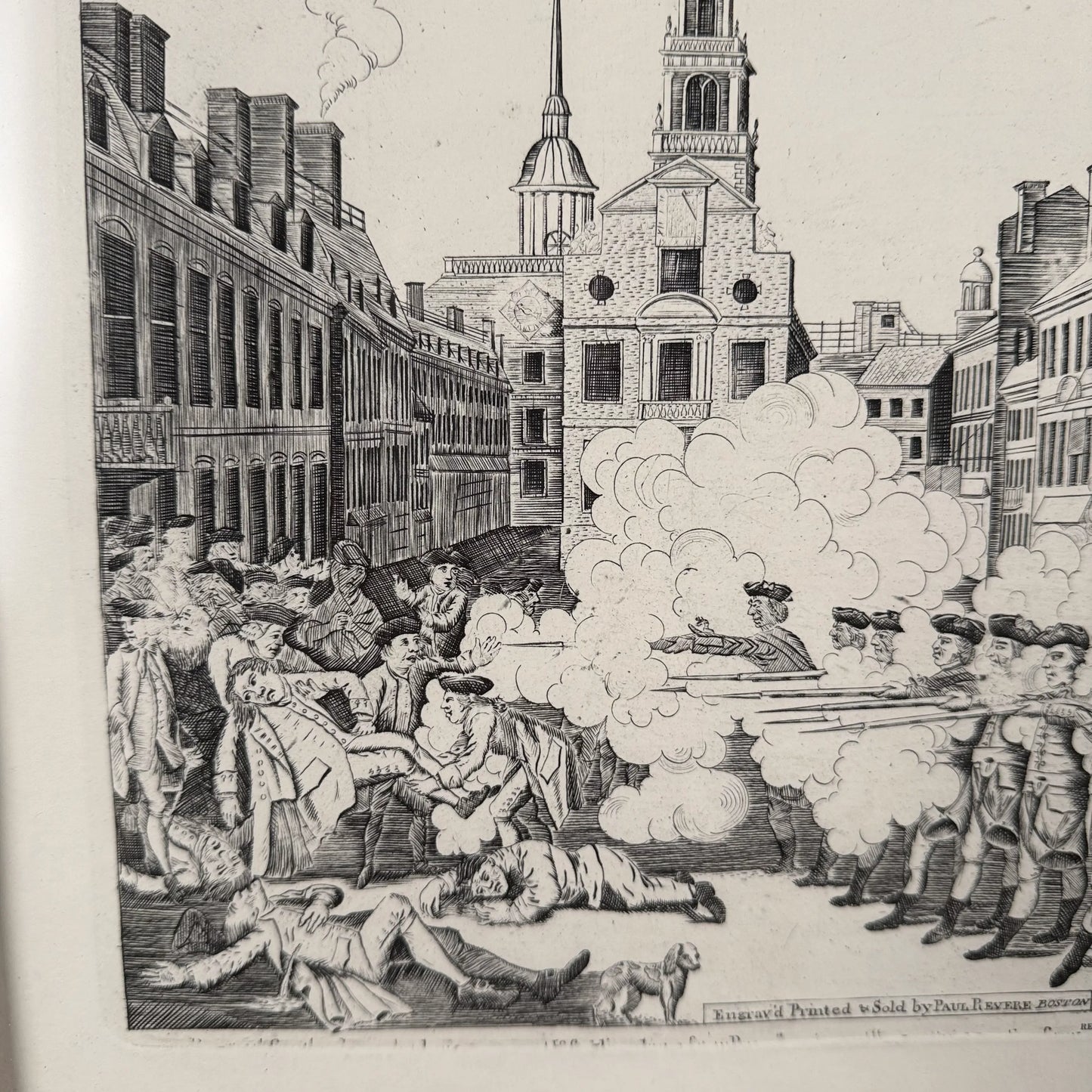 Boston Massacre print made from Revere's original plate — Black frame with gold accent