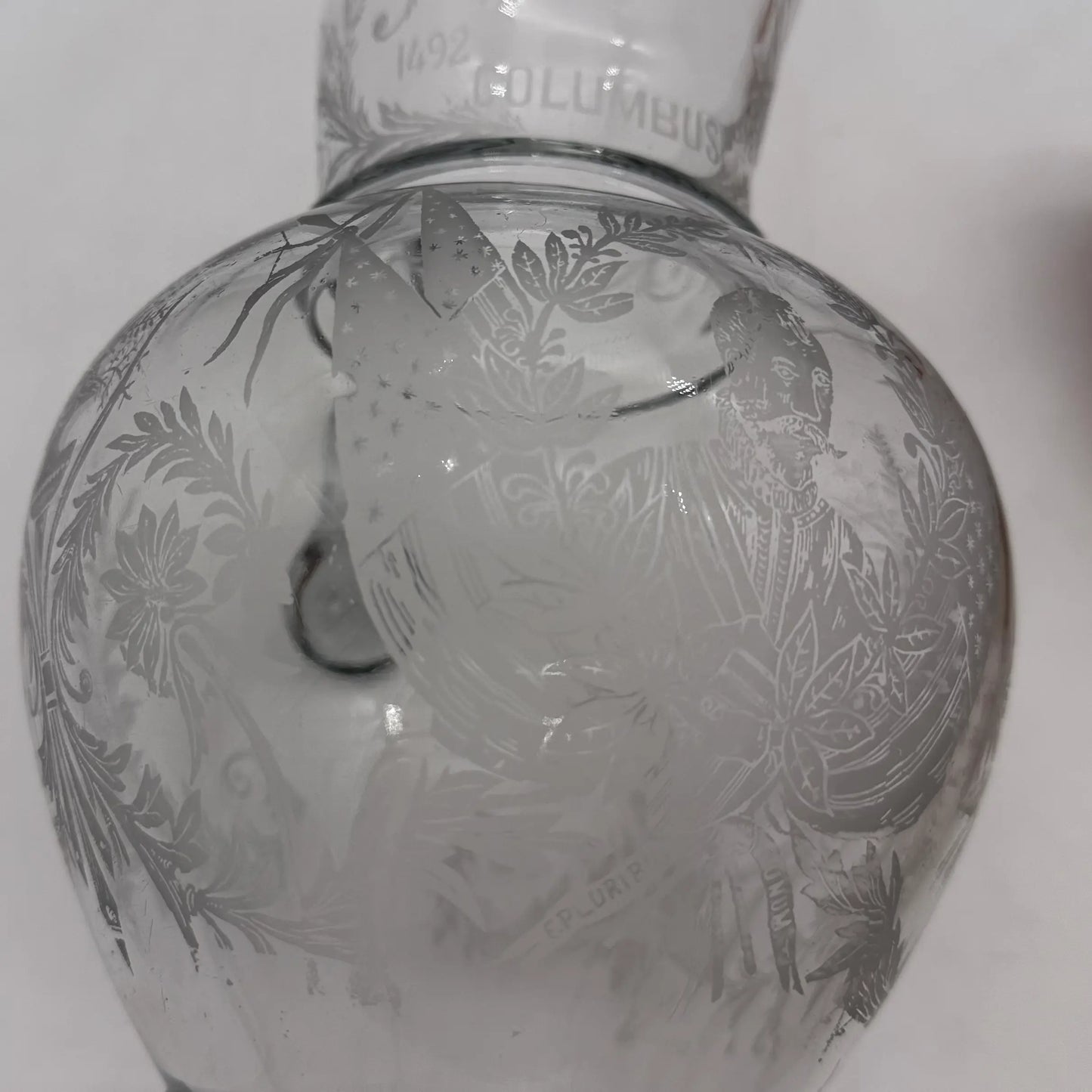 1892 Columbian Exposition Chicago World's Fair Large Etched Glass Pitcher with Christopher Columbus