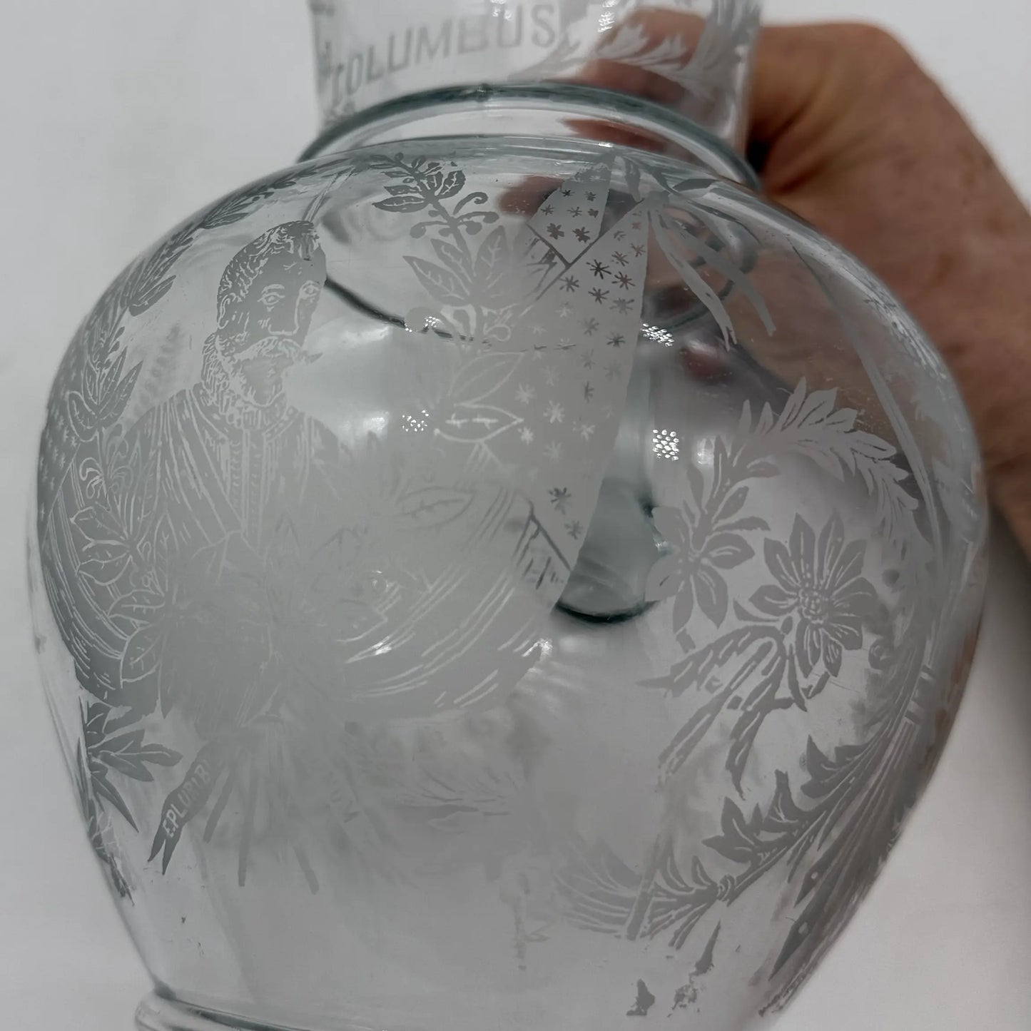 1892 Columbian Exposition Chicago World's Fair Large Etched Glass Pitcher with Christopher Columbus