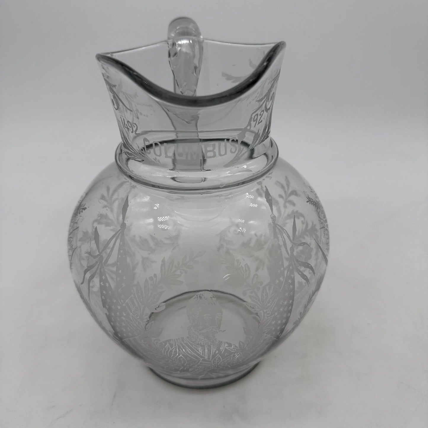1892 Columbian Exposition Chicago World's Fair Large Etched Glass Pitcher with Christopher Columbus