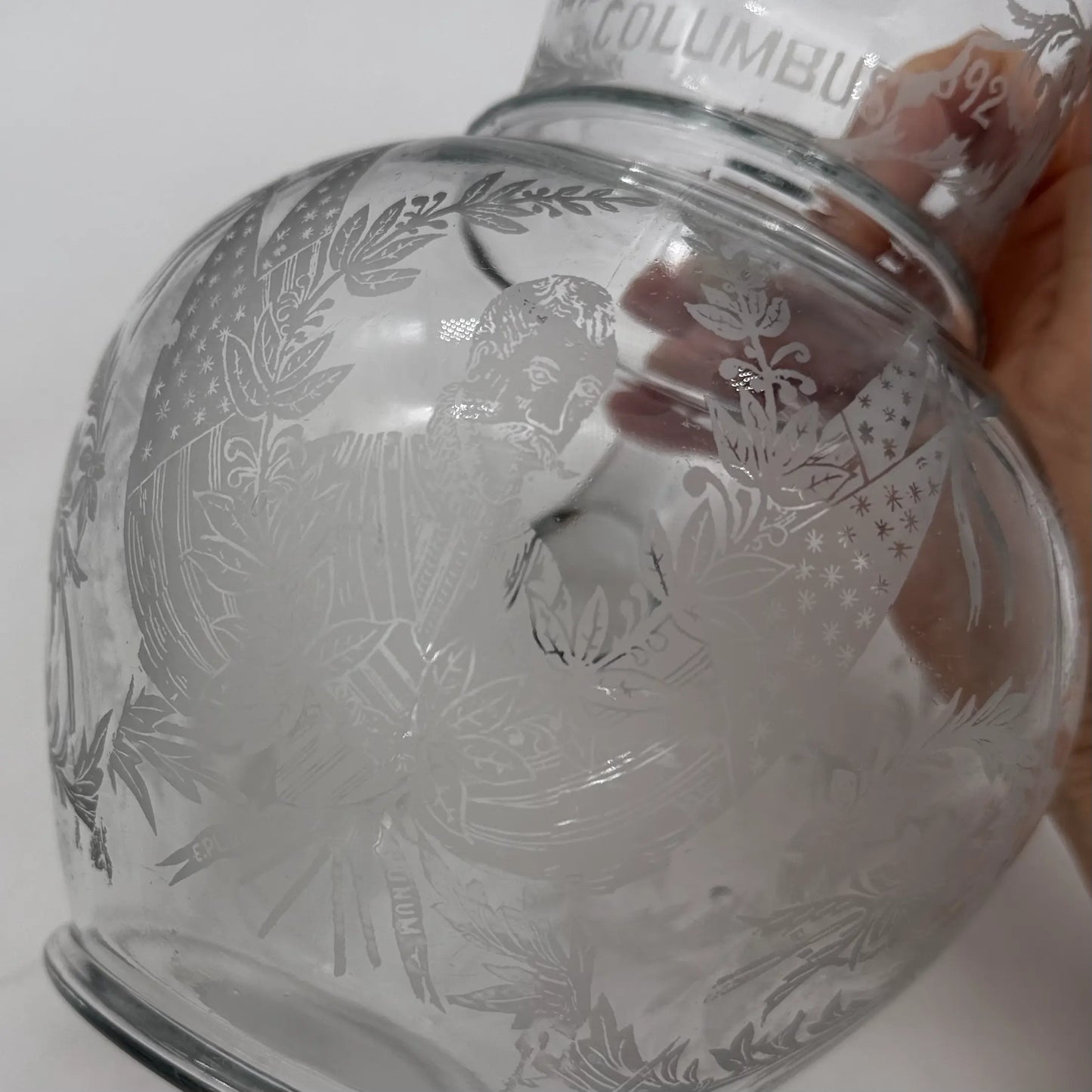 1892 Columbian Exposition Chicago World's Fair Large Etched Glass Pitcher with Christopher Columbus