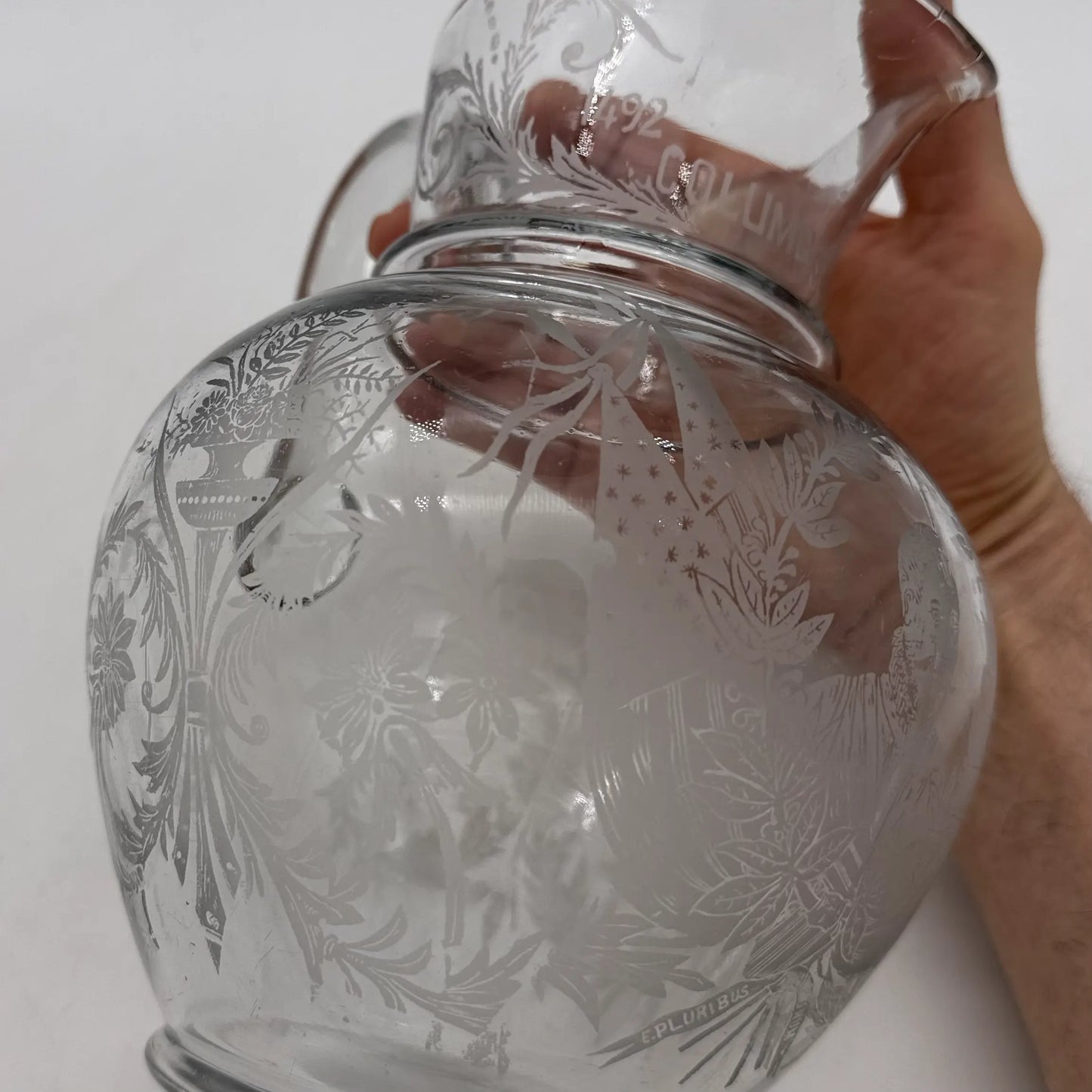 1892 Columbian Exposition Chicago World's Fair Large Etched Glass Pitcher with Christopher Columbus