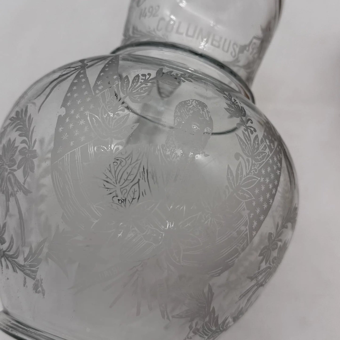 1892 Columbian Exposition Chicago World's Fair Large Etched Glass Pitcher with Christopher Columbus