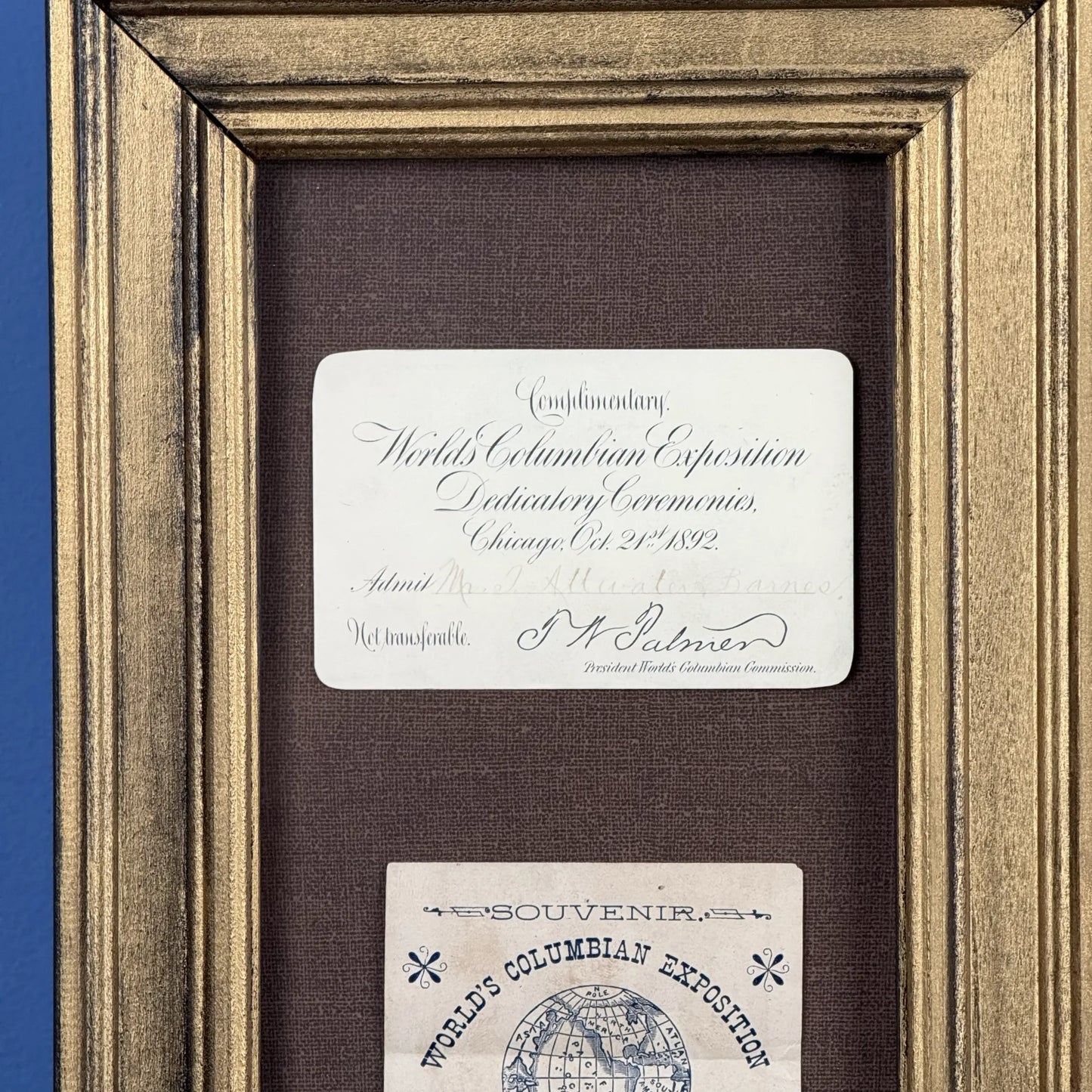 World’s Columbian Exposition Dedication Ceremonies Ticket and Embroidered Silk Ribbon with promotional literature still attached — Framed