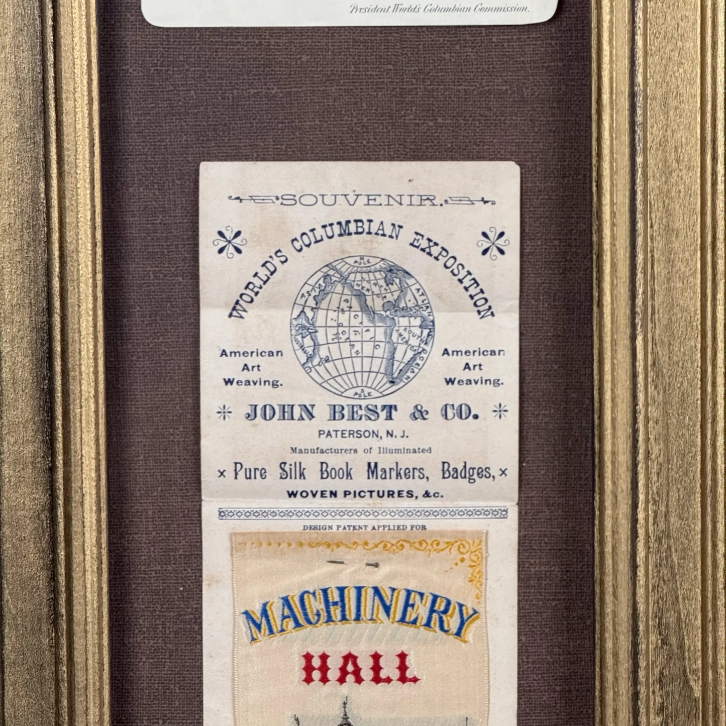 World’s Columbian Exposition Dedication Ceremonies Ticket and Embroidered Silk Ribbon with promotional literature still attached — Framed