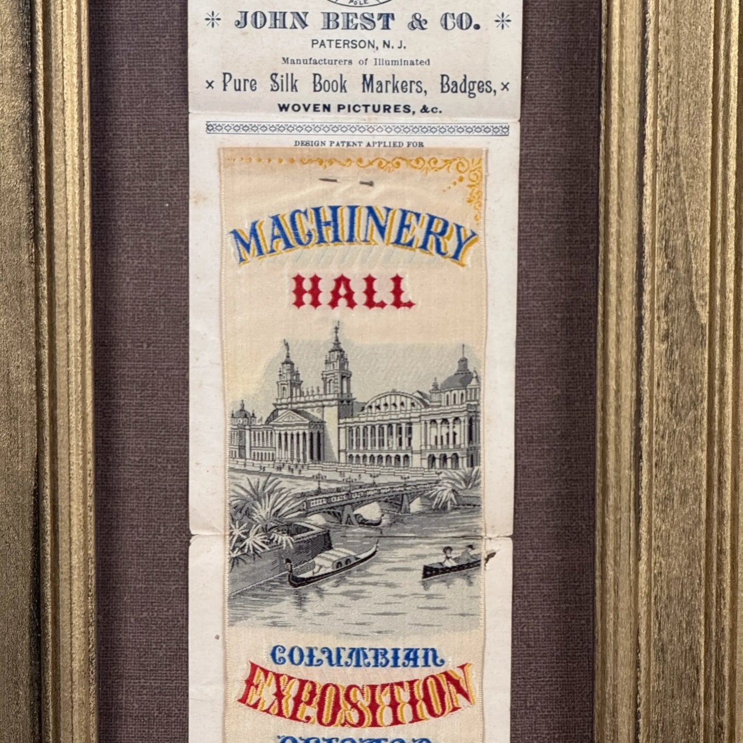World’s Columbian Exposition Dedication Ceremonies Ticket and Embroidered Silk Ribbon with promotional literature still attached — Framed