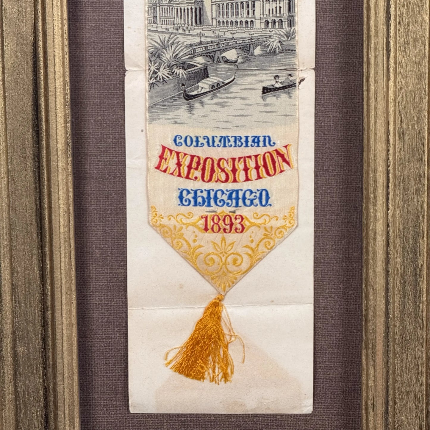 World’s Columbian Exposition Dedication Ceremonies Ticket and Embroidered Silk Ribbon with promotional literature still attached — Framed