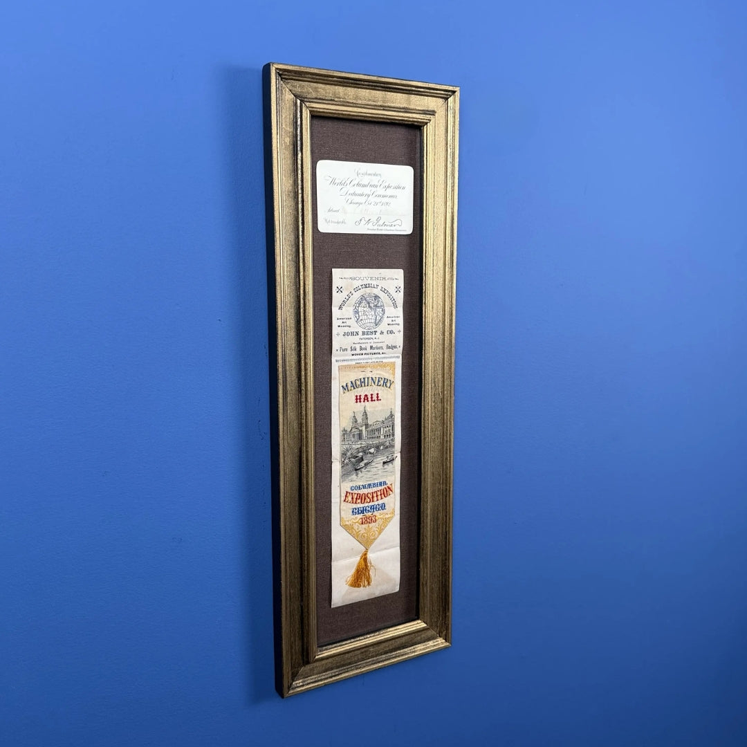 World’s Columbian Exposition Dedication Ceremonies Ticket and Embroidered Silk Ribbon with promotional literature still attached — Framed