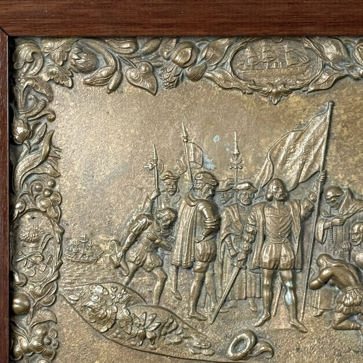 Landing of Columbus — Antique Bronze Plaque of John Vanderlyn's famous painting