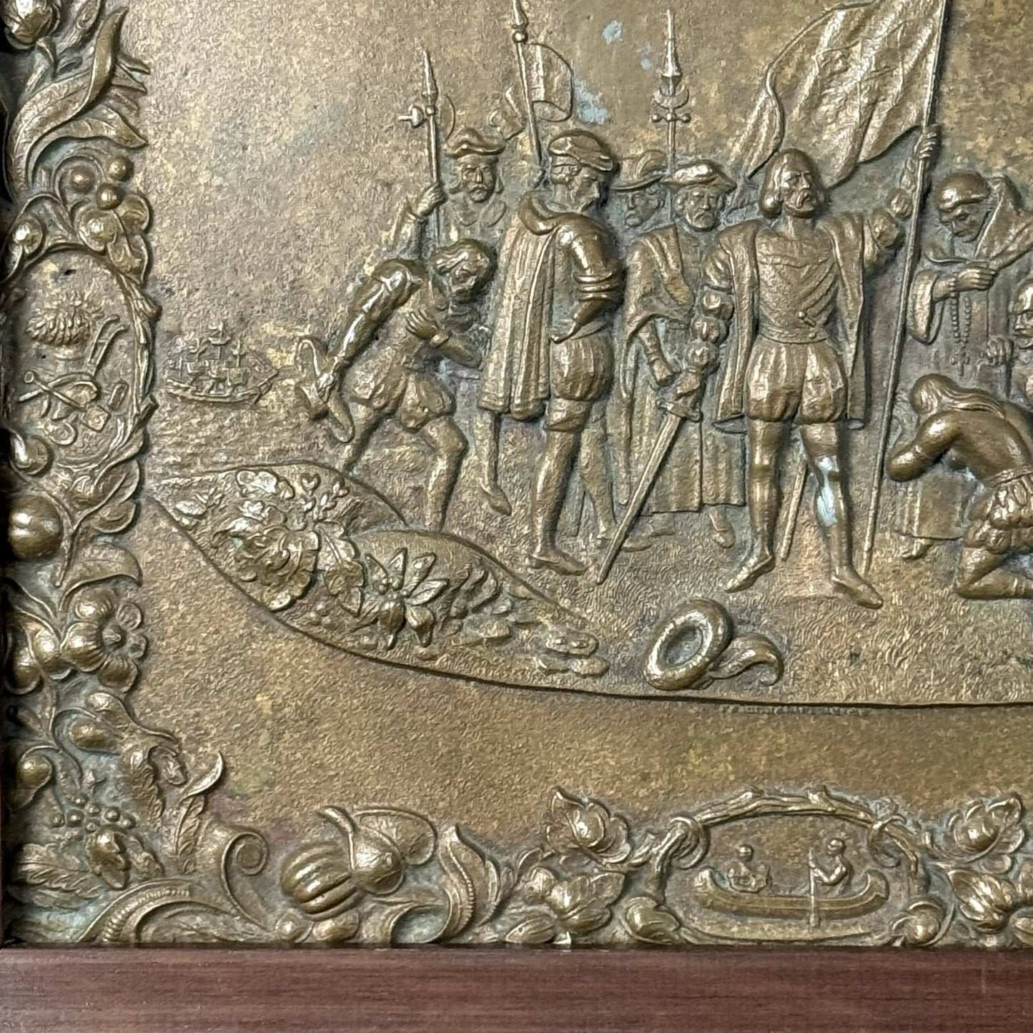 Landing of Columbus — Antique Bronze Plaque of John Vanderlyn's famous painting