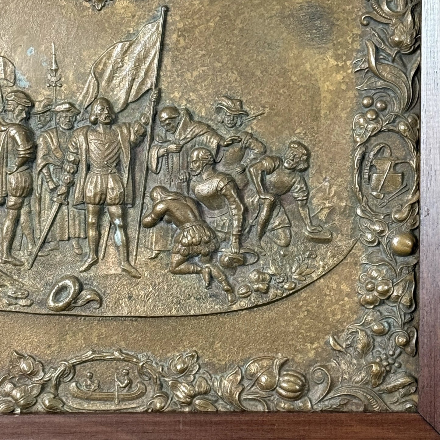 Landing of Columbus — Antique Bronze Plaque of John Vanderlyn's famous painting