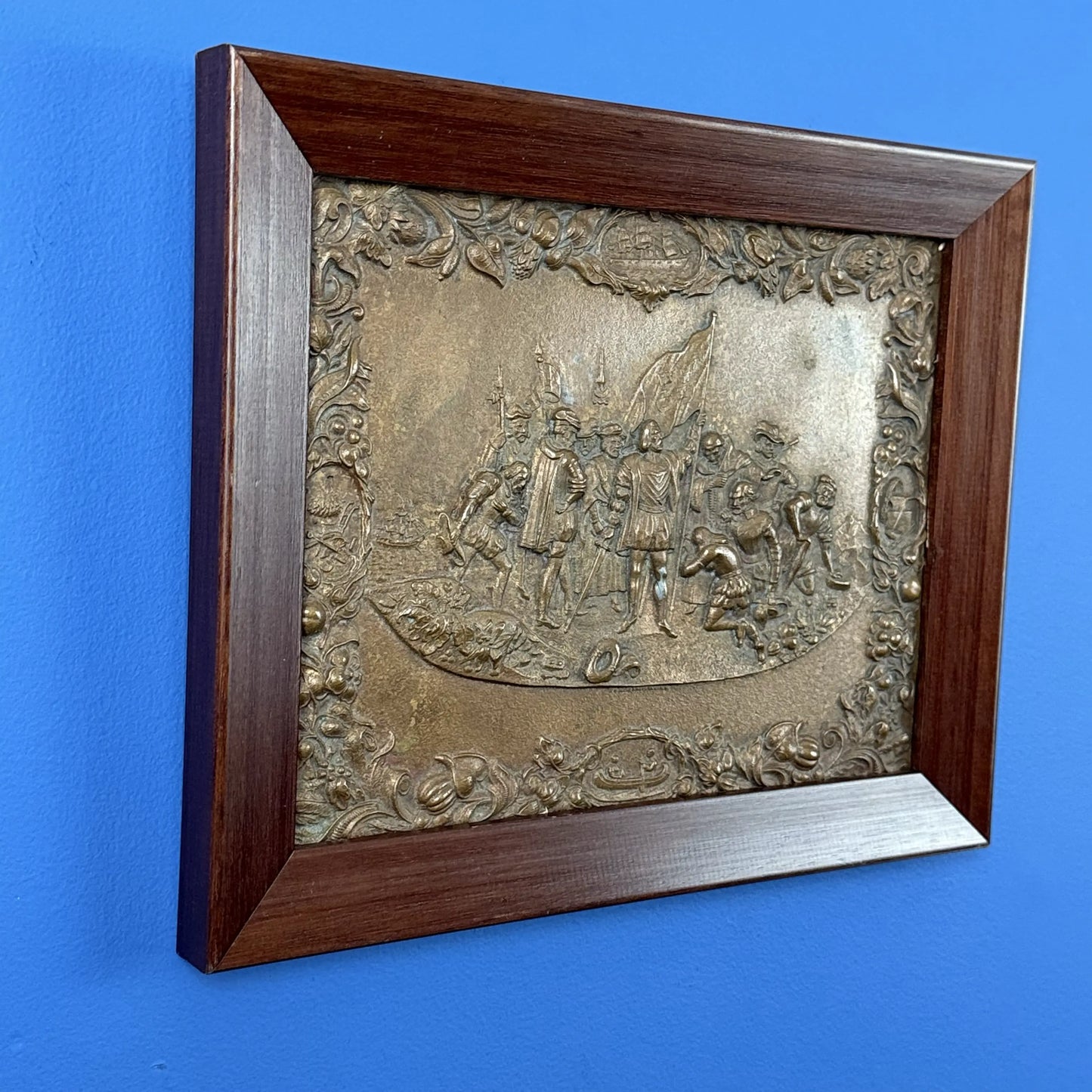 Landing of Columbus — Antique Bronze Plaque of John Vanderlyn's famous painting
