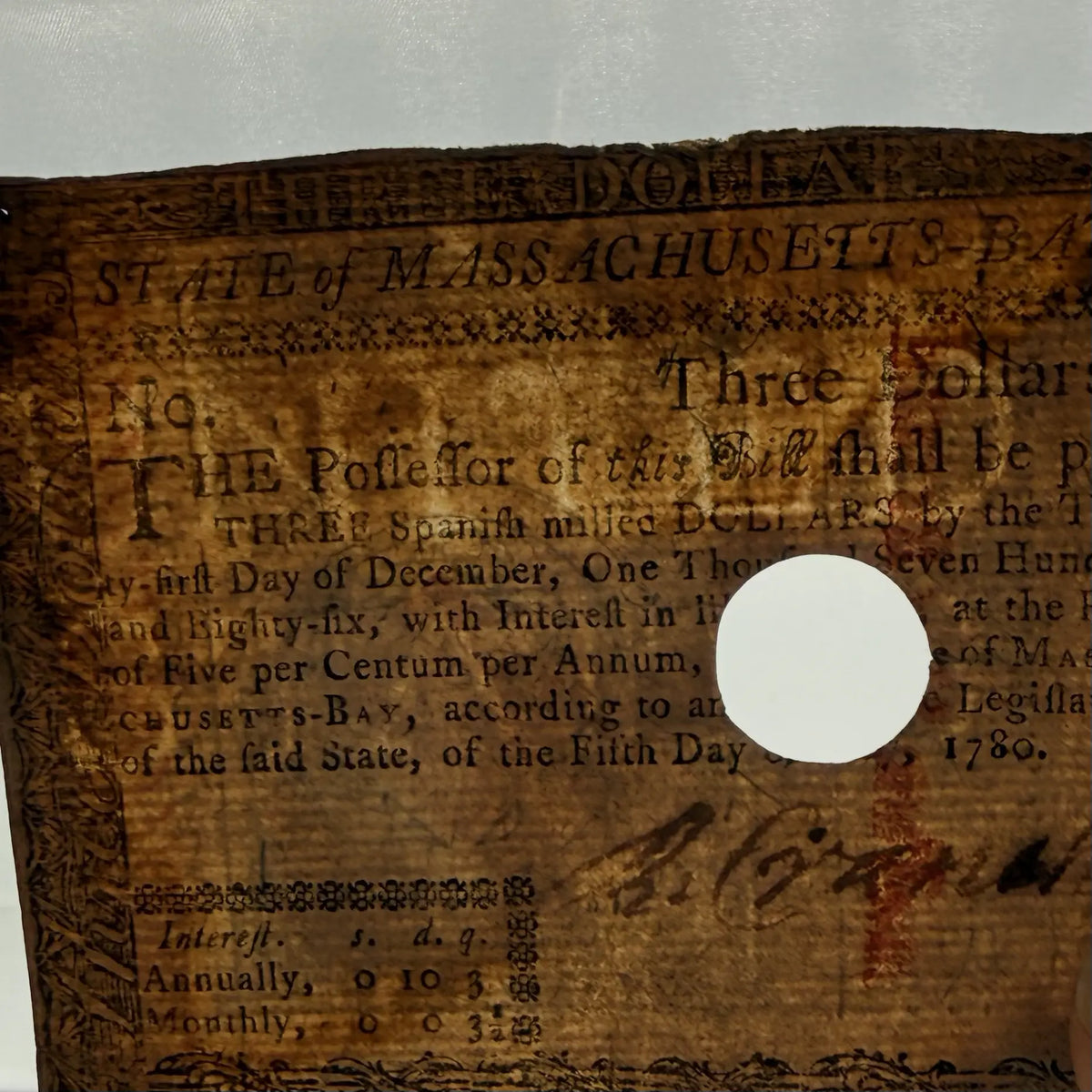 Colonial Currency — Massachusetts Bay — May 4, 1780 — $3 — Hole cancelled