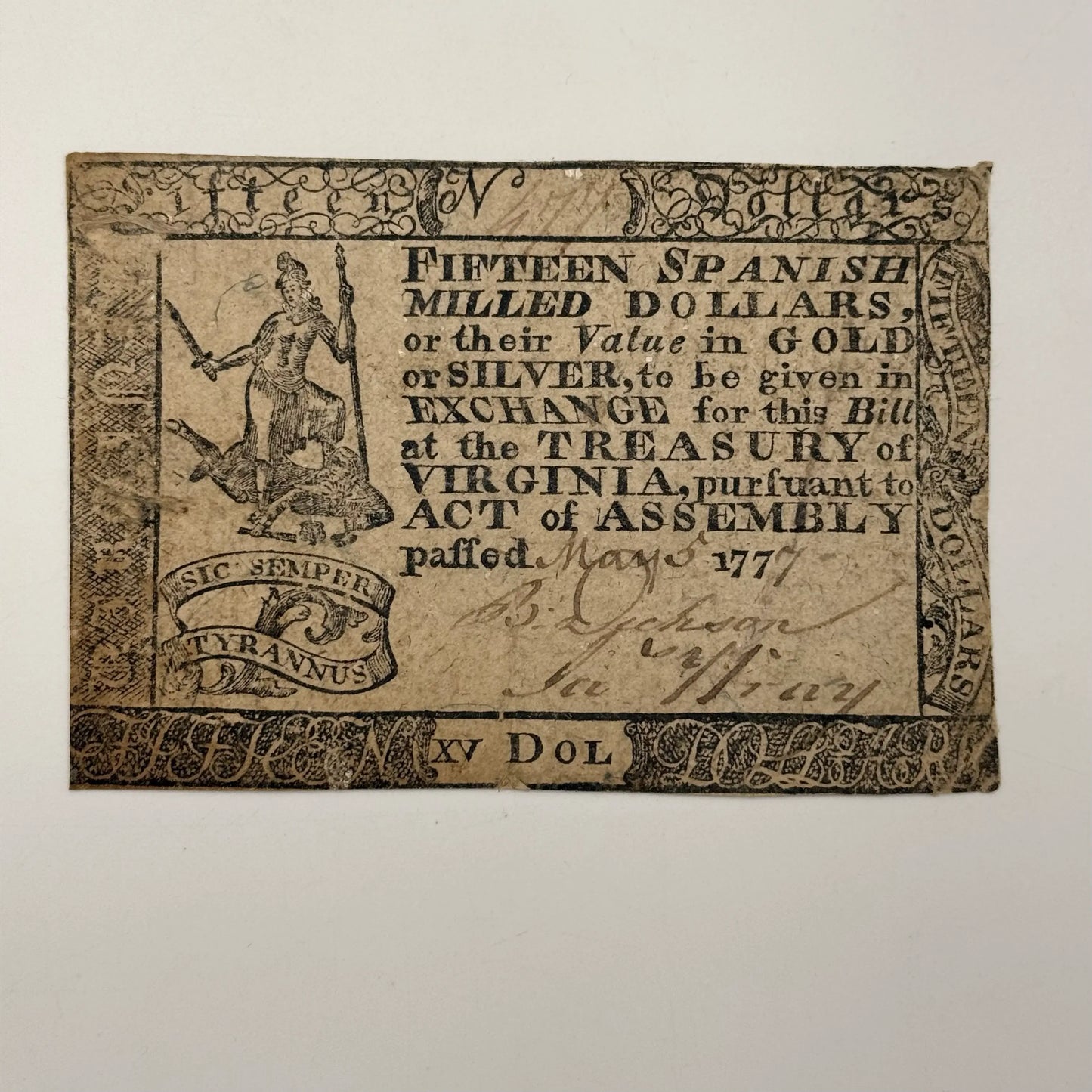 Virginia — $15 — May 5, 1777 — Payable in Spanish Milled Dollars