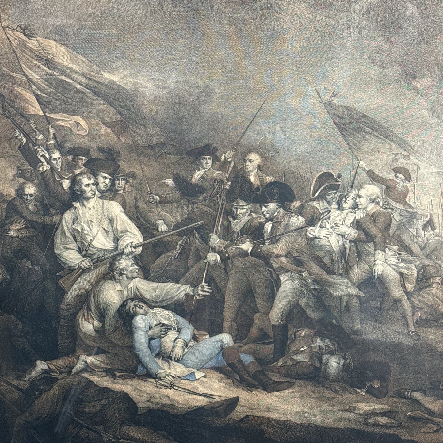 Large engraving of the death of Joseph Warren — "The Battle at Bunker's Hill Near Boston" after John Trumbull — Engraved by artist J.G. Muller — Framed