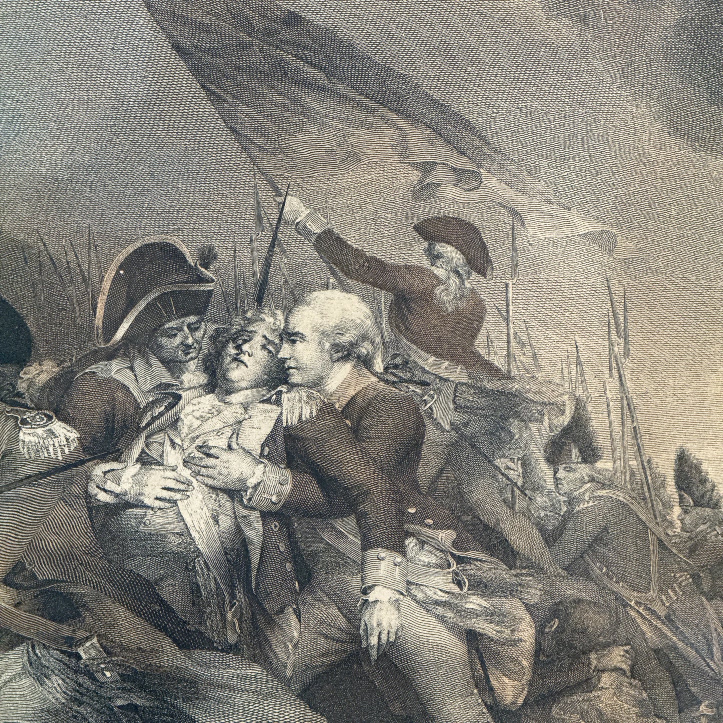 Large engraving of the death of Joseph Warren — "The Battle at Bunker's Hill Near Boston" after John Trumbull — Engraved by artist J.G. Muller — Framed