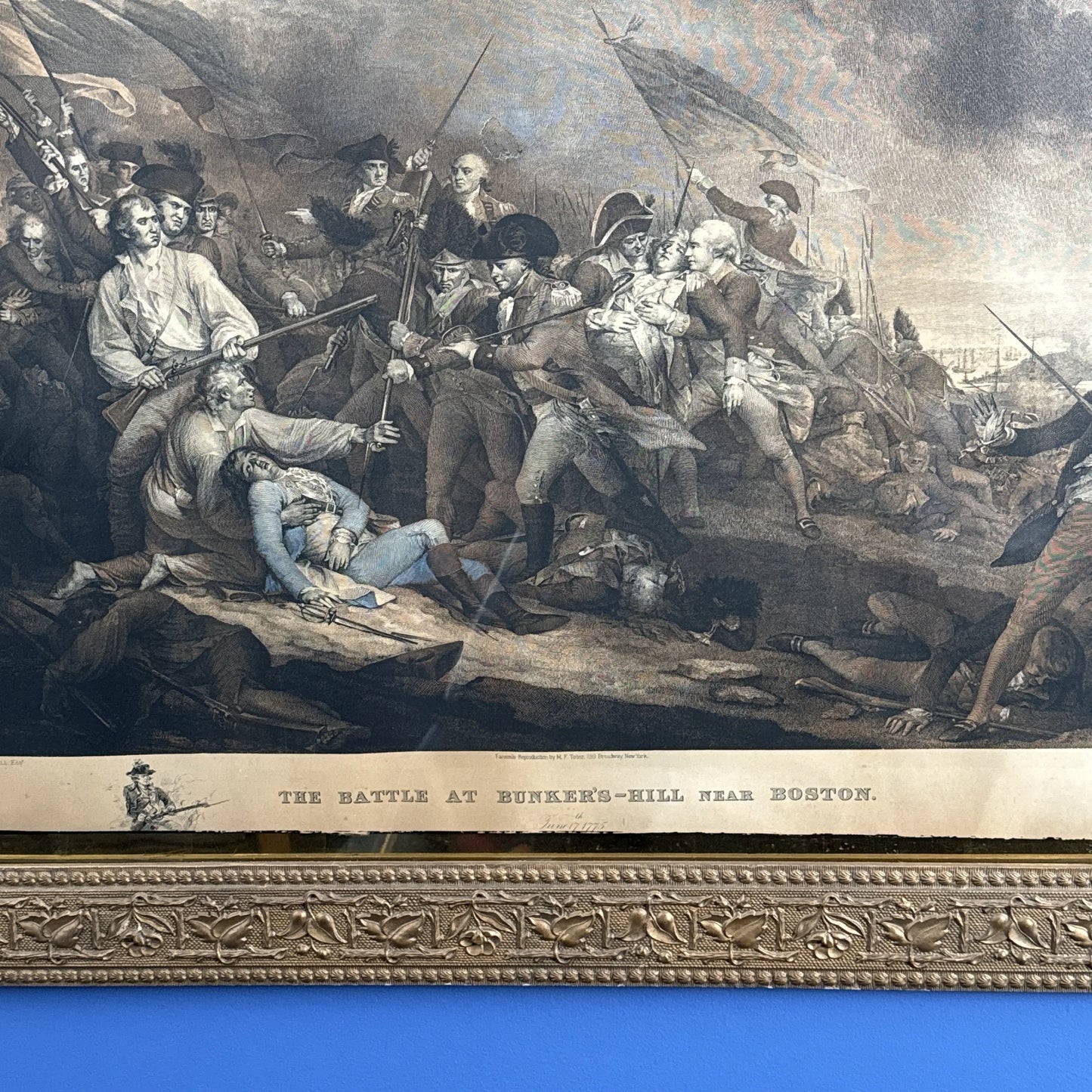 Large engraving of the death of Joseph Warren — "The Battle at Bunker's Hill Near Boston" after John Trumbull — Engraved by artist J.G. Muller — Framed