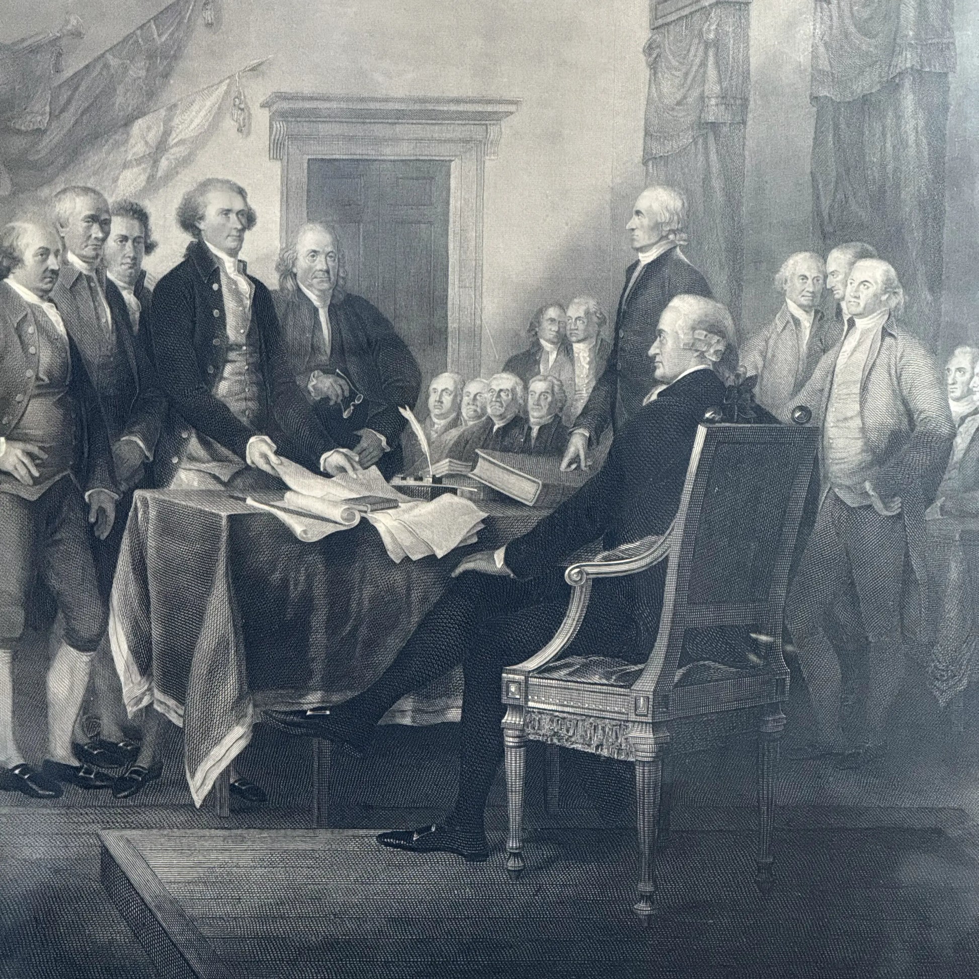 Close-up view of the "The Declaration of Independence of the United States of America, July 4th, 1776" Engraving after Trumbull from The History List Store.